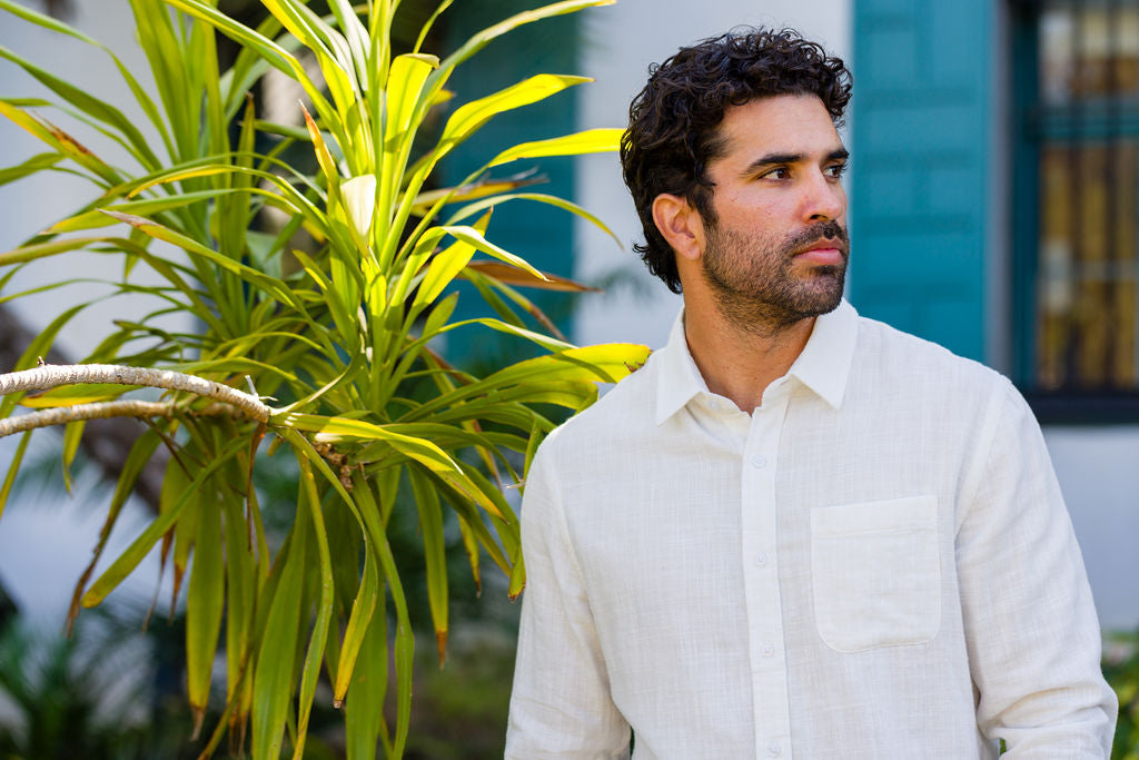 Man wearing Ace Rivington Double Gauze - Long Sleeve Tailored - Chalk Color Shirt