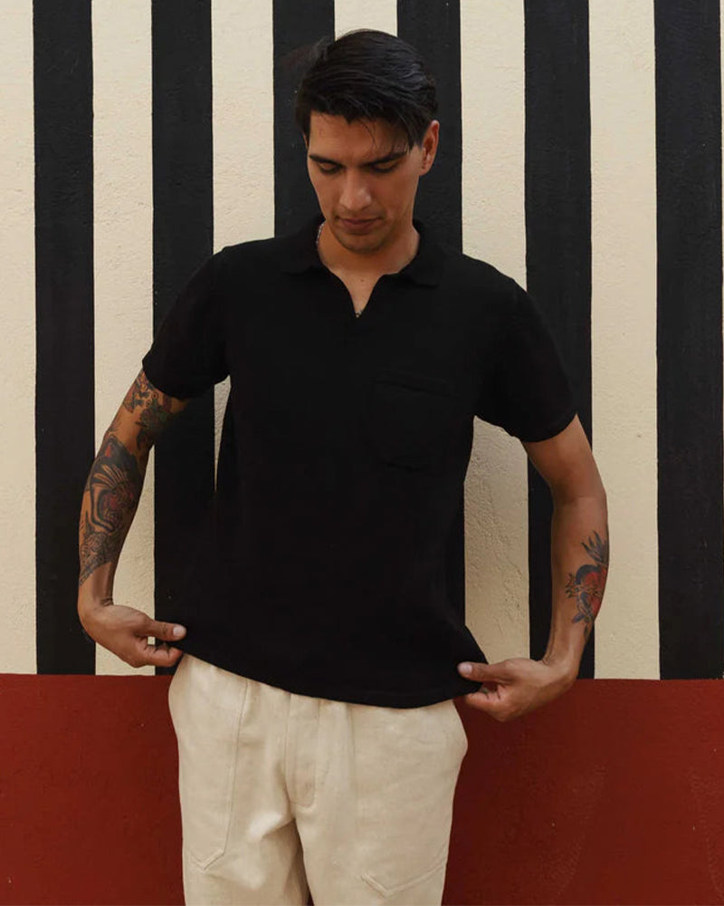 MANBIR JOHNNY COLLAR SS KNIT TEE - BLACK