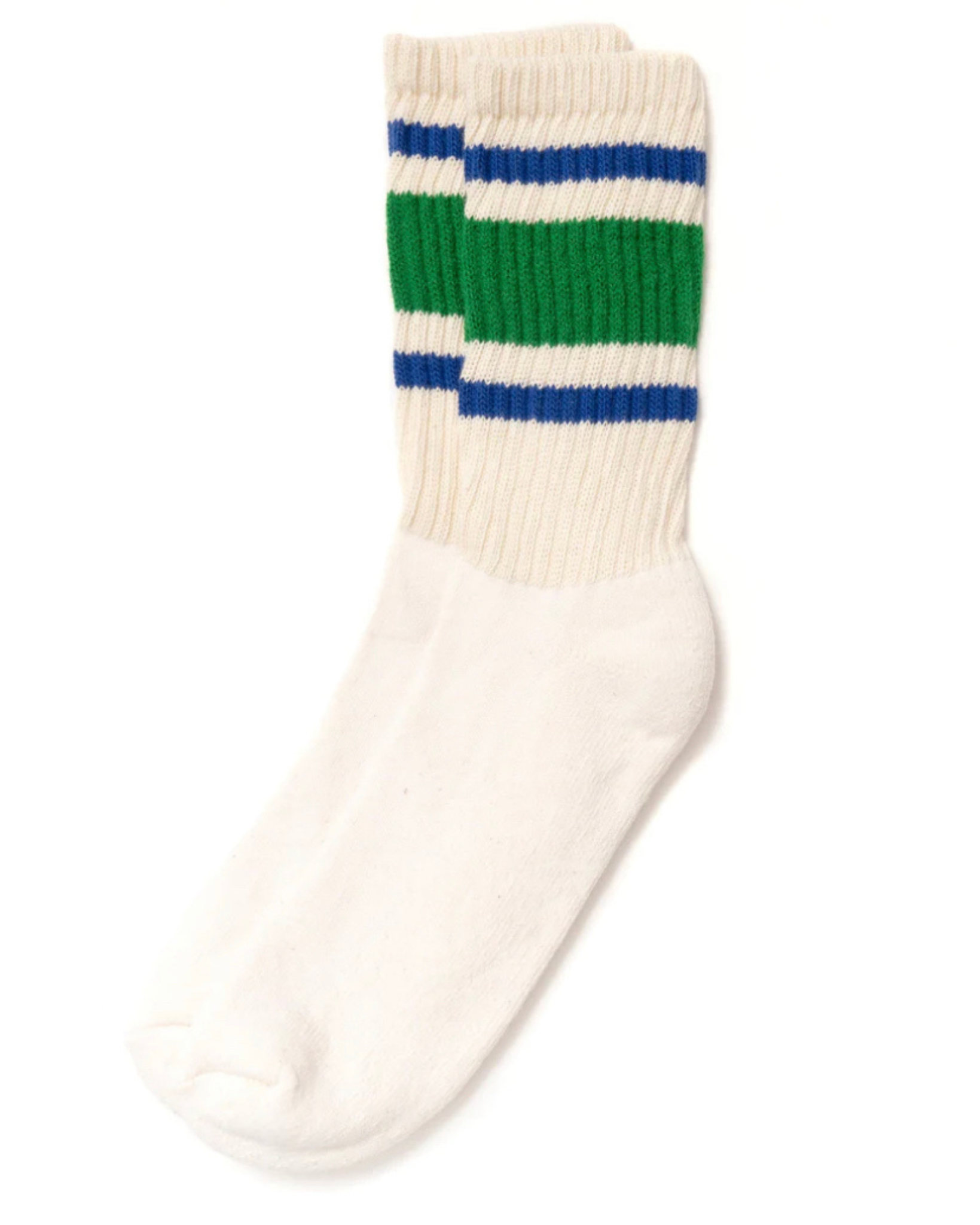 American Trench Retro Stripe Socks - Green, Blue, and White shown from a top-down view, featuring blue and green stripe accents on a white background. The design evokes vintage athletic socks, adding a nostalgic and stylish touch.