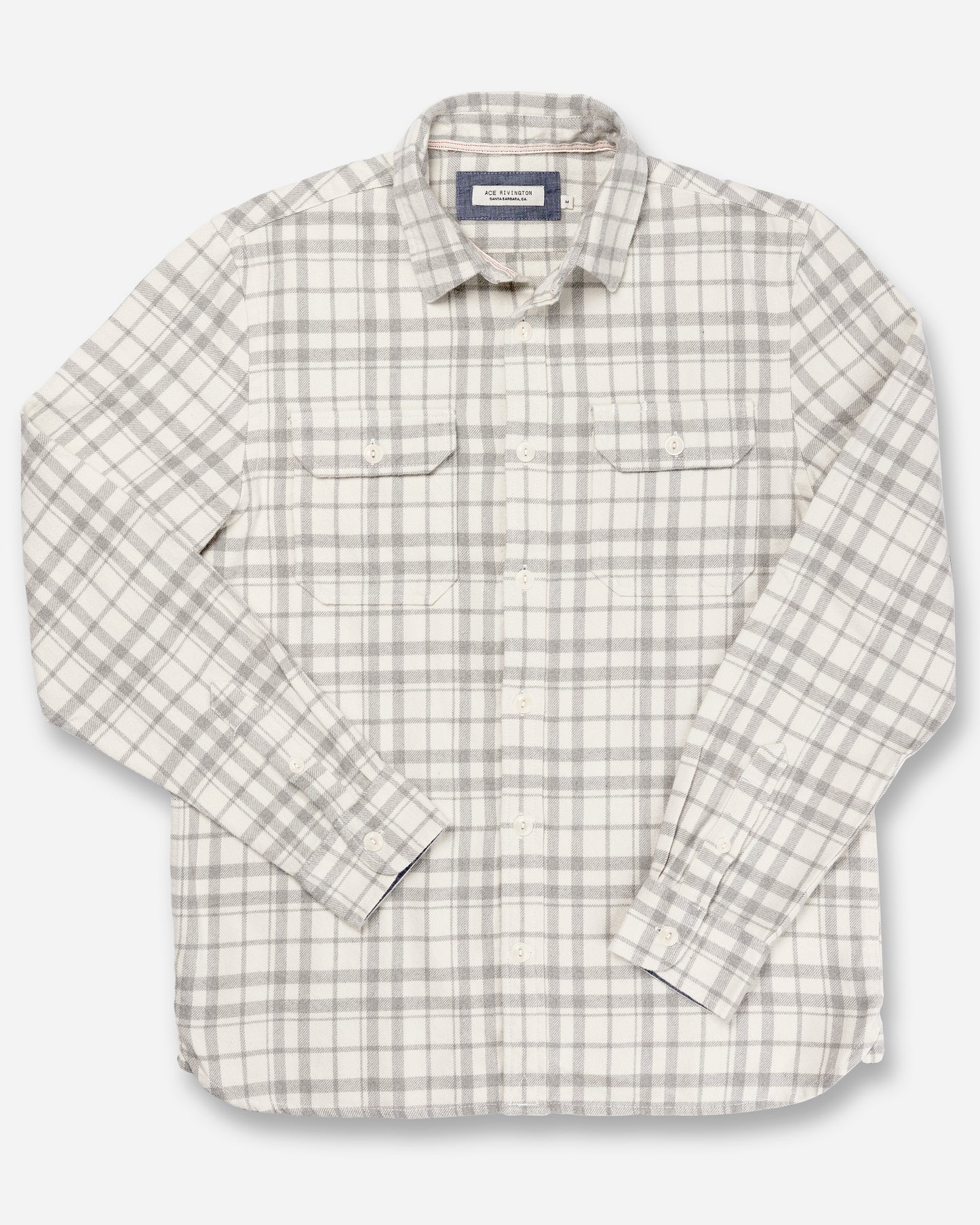 front of men's off white and grey winter flannel shirt with overlaid arms