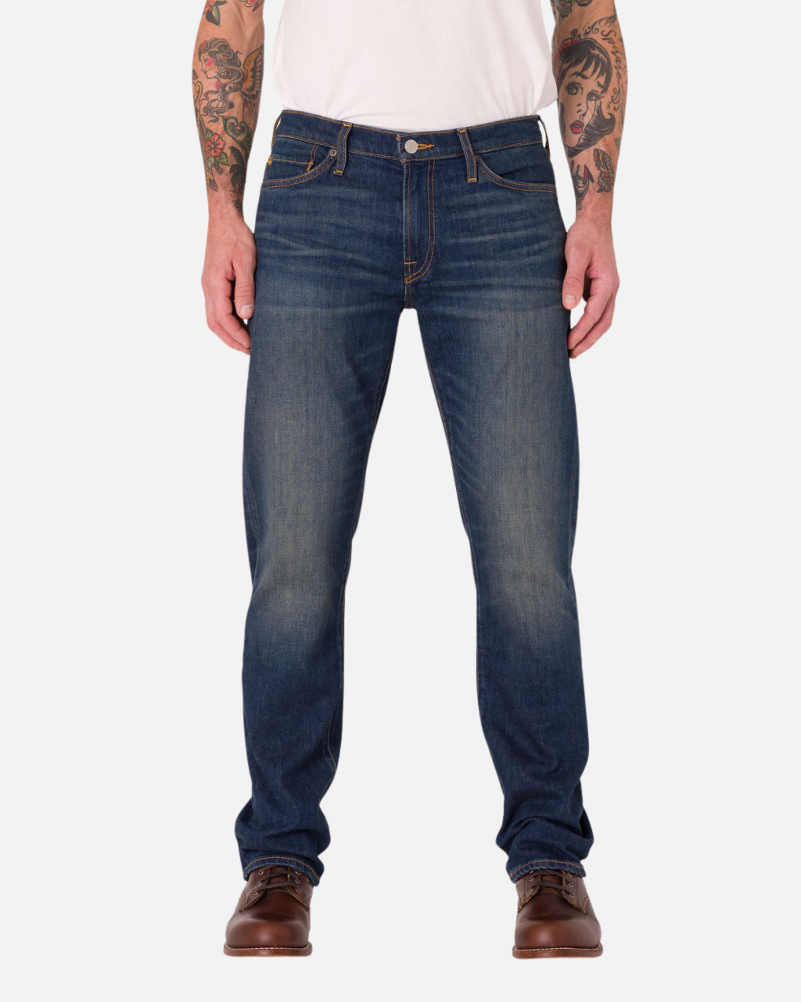 Men Wearing Ace Rivington - Athletic Straight Leg Denim Jeans with Dirty Vintage Color and Plain White Shirt.