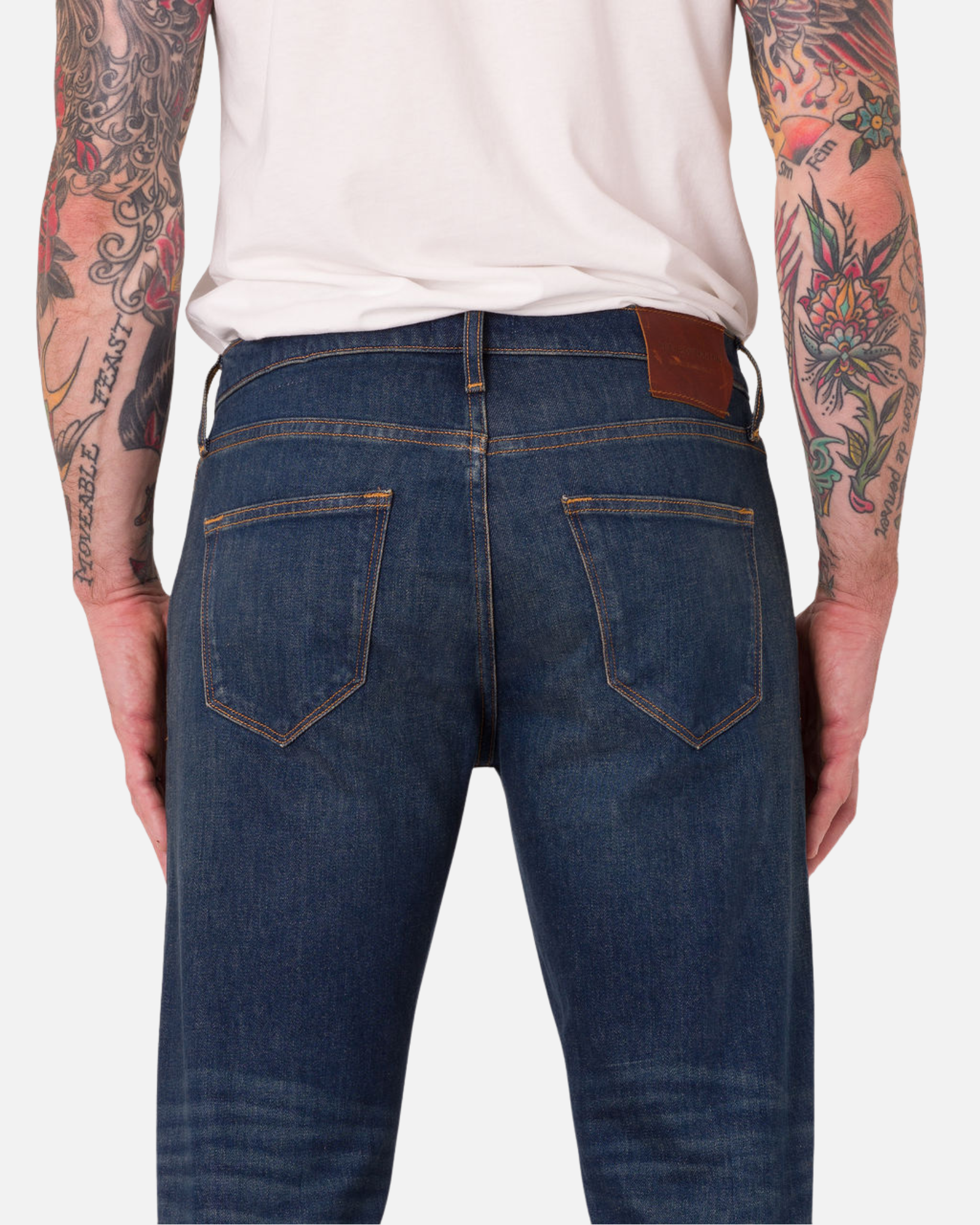 Men Show Back view of High Recovery Comfort Stretch Fabric Ace Rivington - Athletic Straight Denim Jeans - Dirty Vintage Color Wearing a Plain White Shirt.