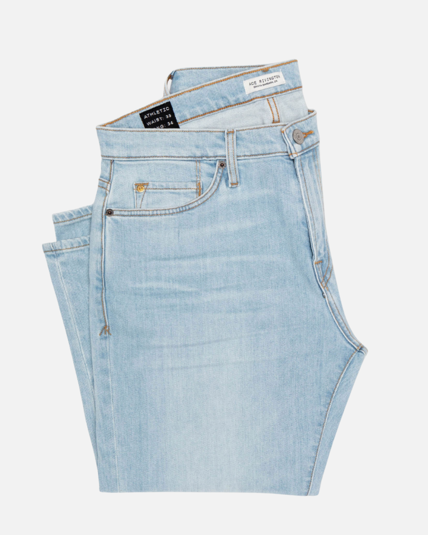 front of folded pair of Ace Rivington super light blue denim jeans with antique nickel detailing