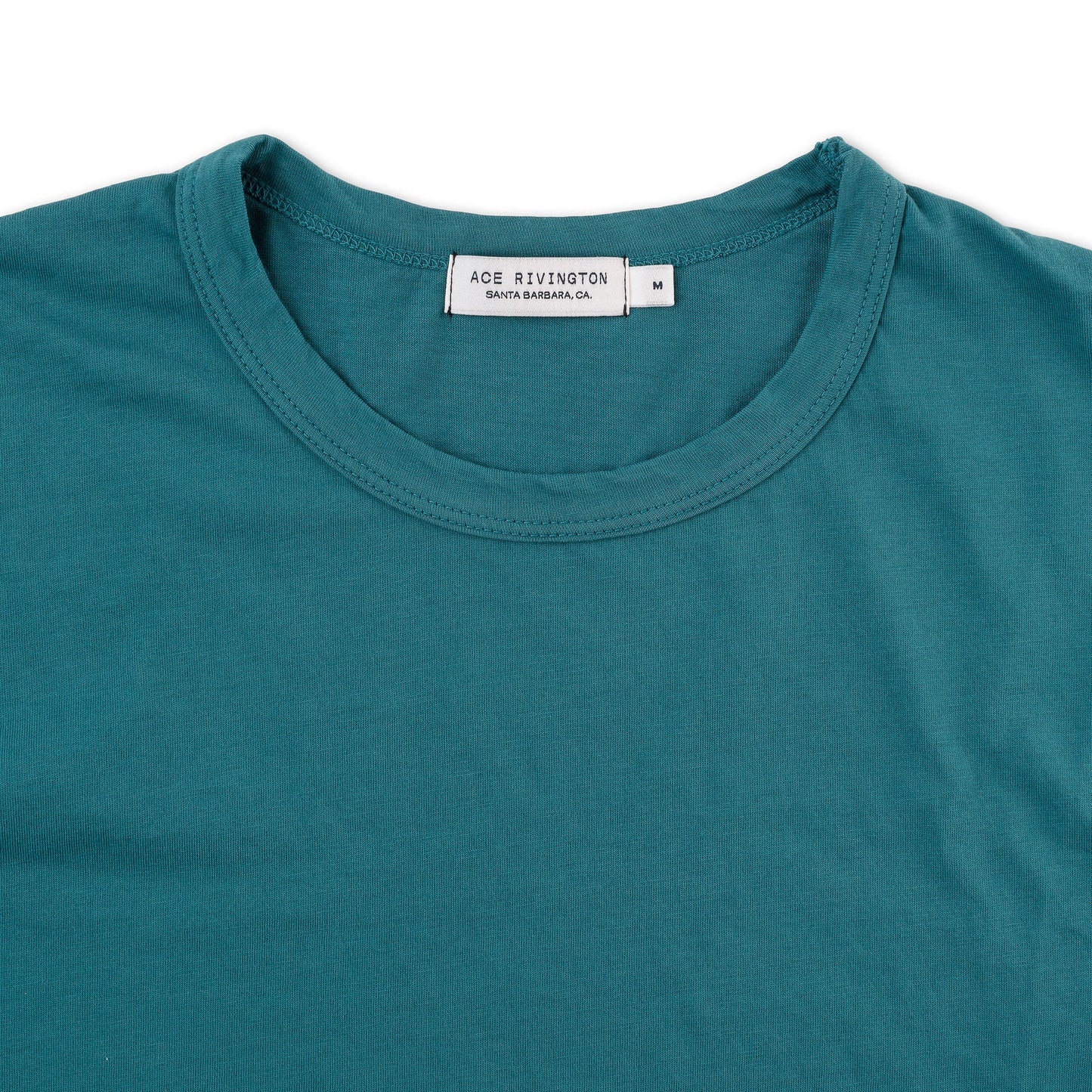 close up of collar of front of men's teal t shirt made with super soft supima cotton