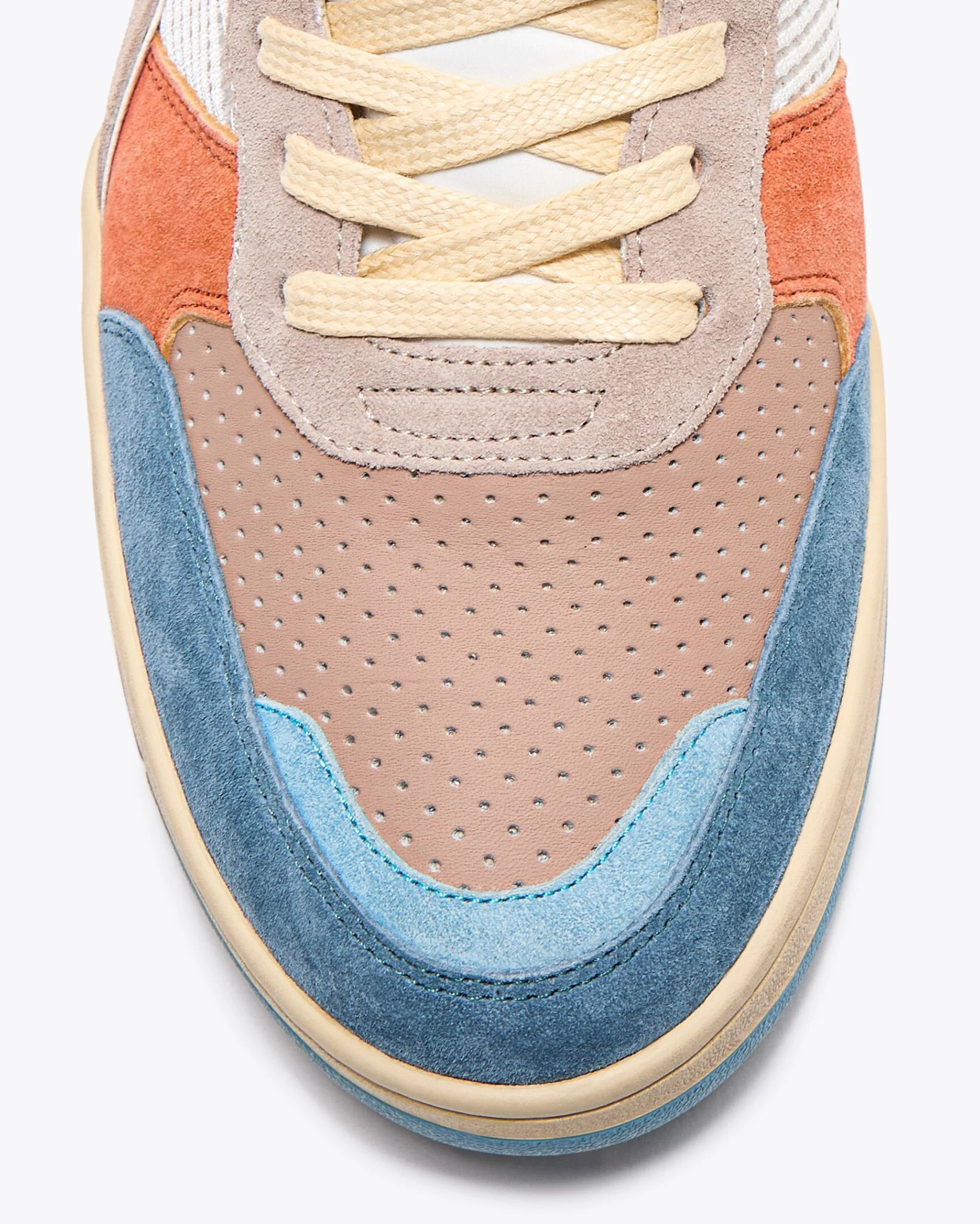 Diadora B.560 USED - Tourney Italia shoe top view close-up of the toe box showing perforated leather, layered suede, and precise stitching detail.