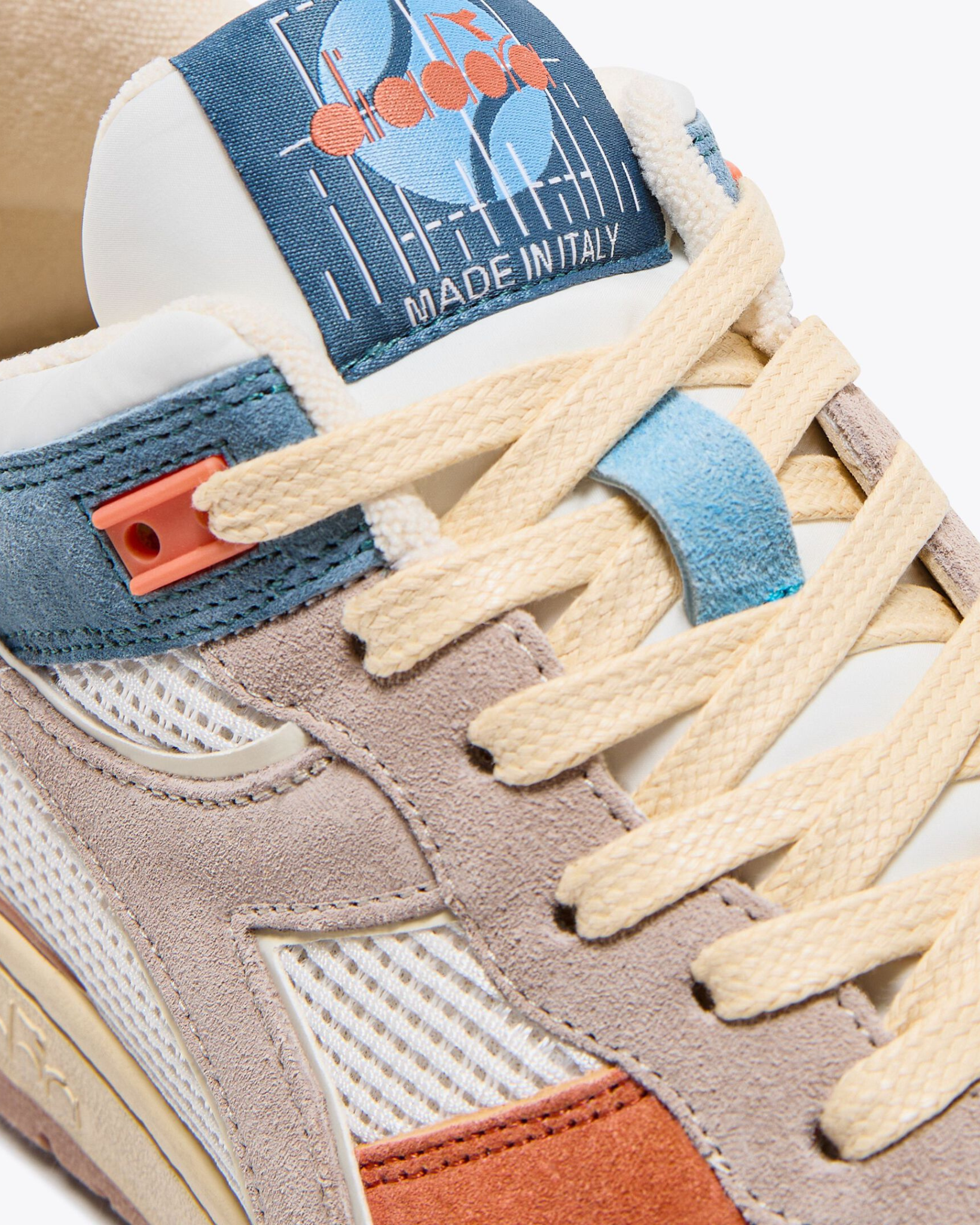 Diadora B.560 USED - Tourney Italia shoe close-up of tongue and laces displaying Made in Italy branding and premium lace construction.
