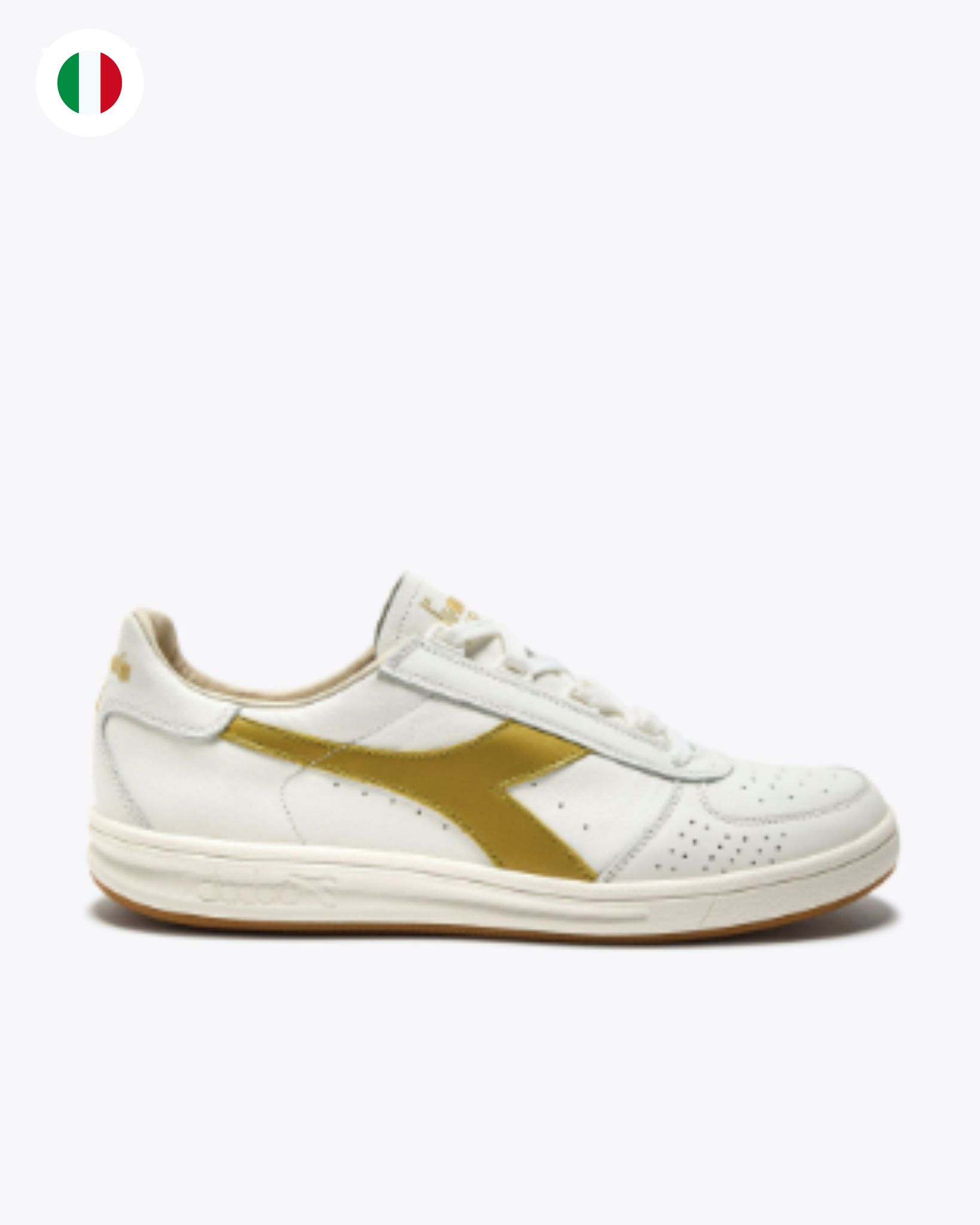 Diadora - B.Elite H Italia Sport - White / Gold shoe right side profile view featuring metallic gold logo, white leather upper, and cream midsole.