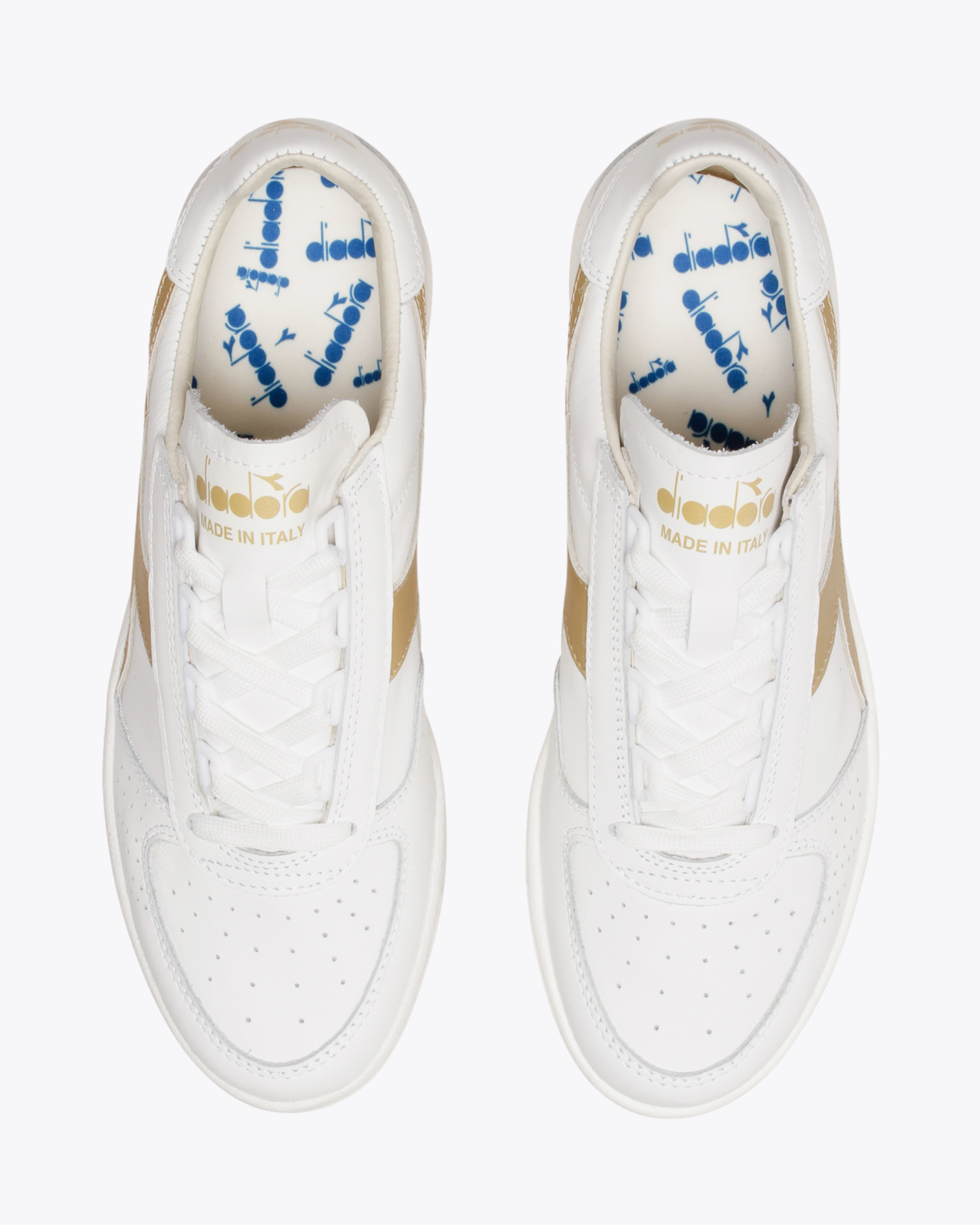 Diadora - B.Elite H Italia Sport - White / Gold shoe top-down view showing perforated toe box, gold tongue logo, and blue branded insoles.
