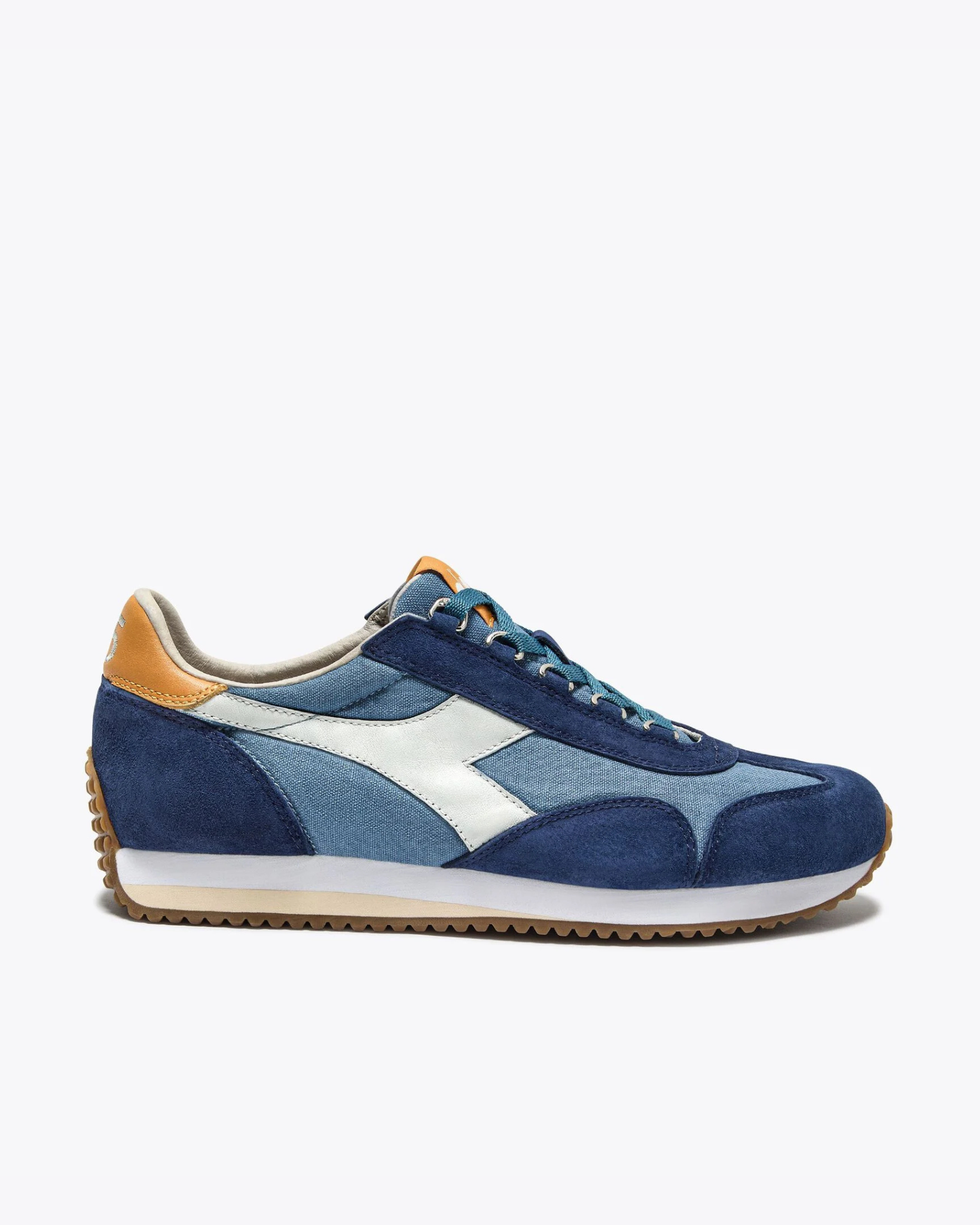 Diadora - Equipe Canvas SW EVO - Blue Coop right side profile view showing the full outer view of the shoe with blue canvas and suede overlays, white leather logo, and ochre leather heel tab.
