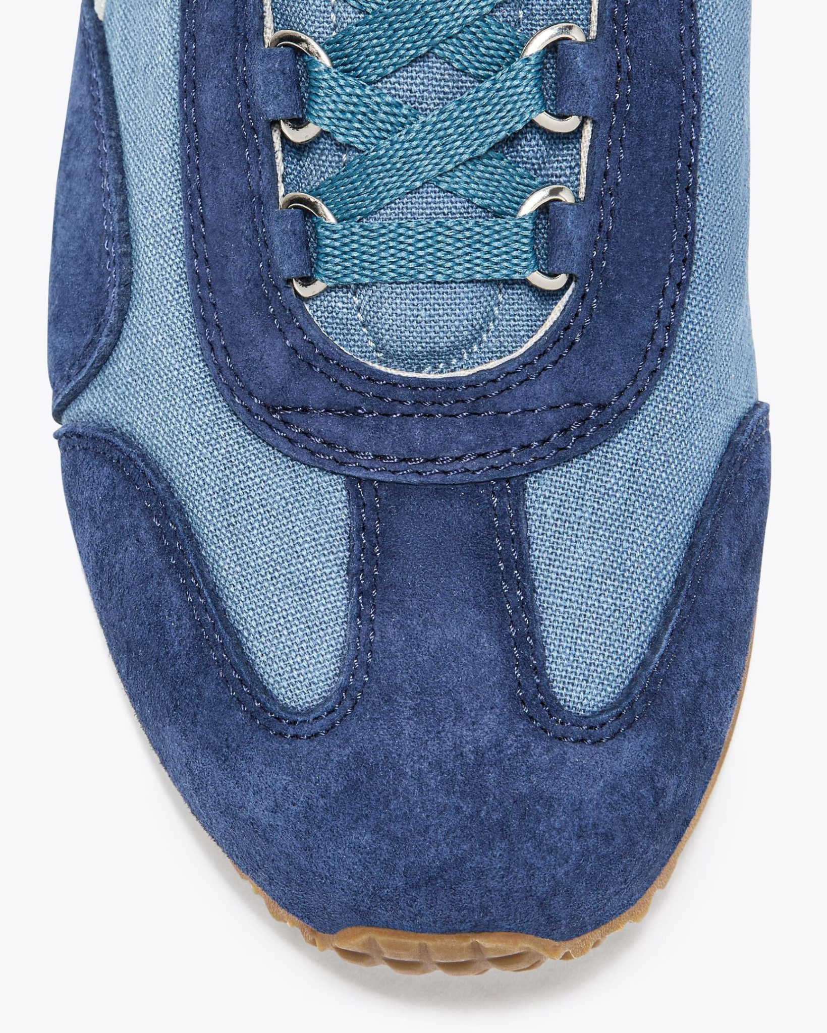 Diadora - Equipe Canvas SW EVO - Blue Coop shoe close-up top-down detail of the toe box and laces, showing texture contrast between canvas and suede.
