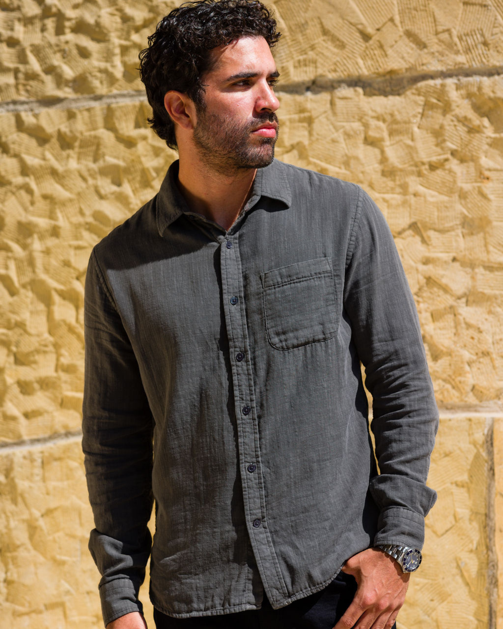 Double Gauze - Long Sleeve Tailored - Pigment Washed Charcoal