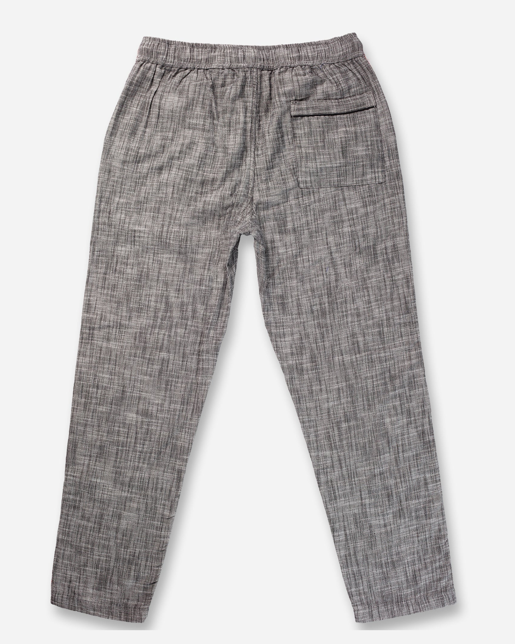 Double Gauze - Resort Pant - Black folded flat lay of the pants highlighting the textured fabric, front pockets, black drawstring, and white interior lining detail.