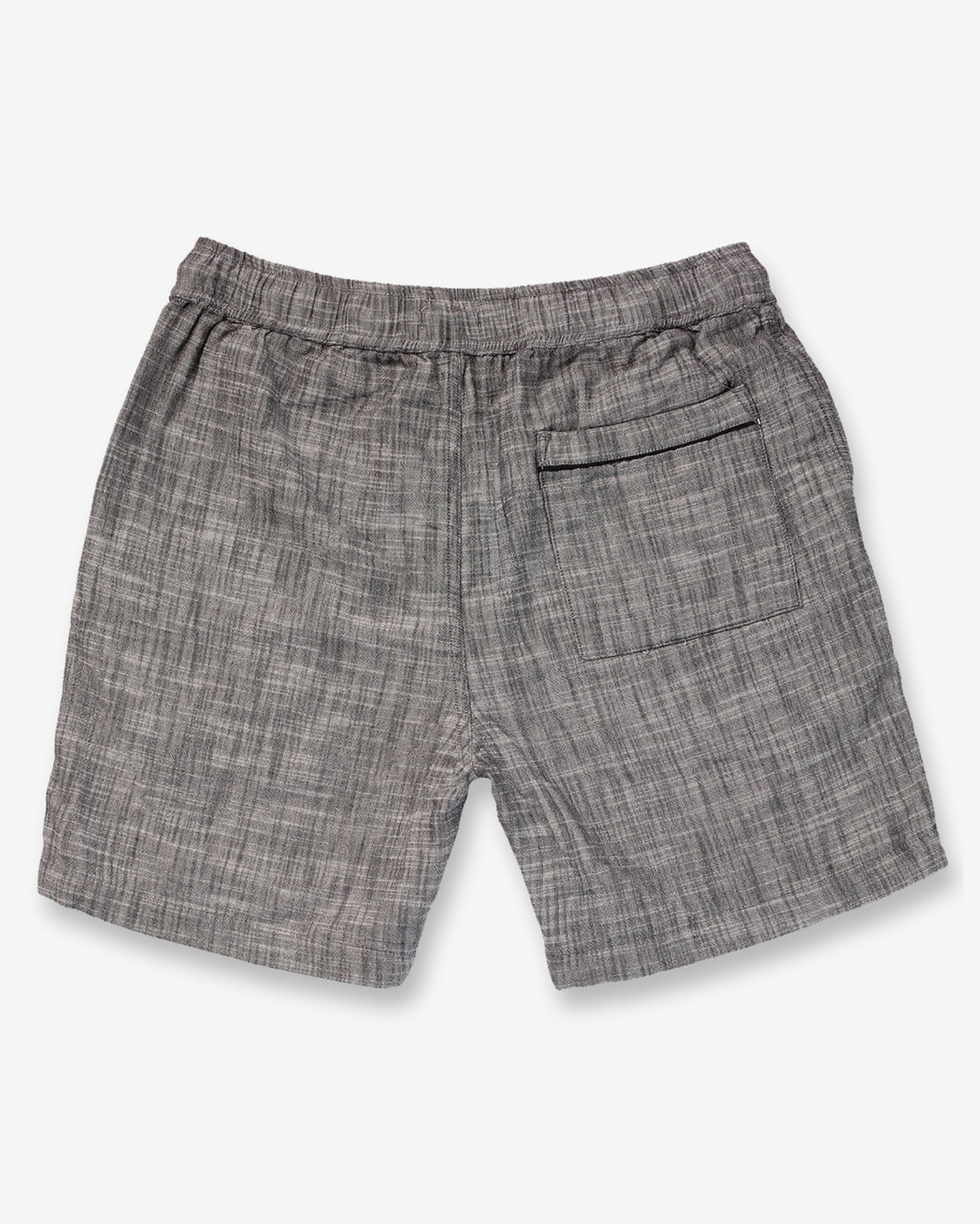 Double Gauze - Resort Shorts - Black back view of the shorts laid flat, showcasing the single patch pocket with black trim and the relaxed fit of the lightweight fabric.