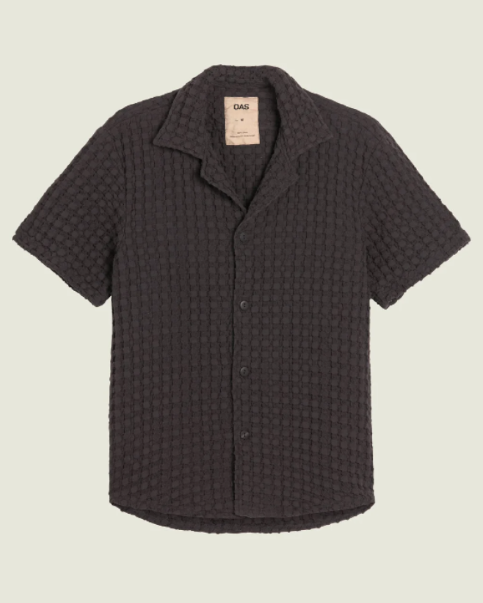 OAS Waffle - Cuba Shirt - Nearly Black front-facing flat lay of the textured short-sleeve button-up shirt, highlighting its deep black tone and signature waffle fabric.