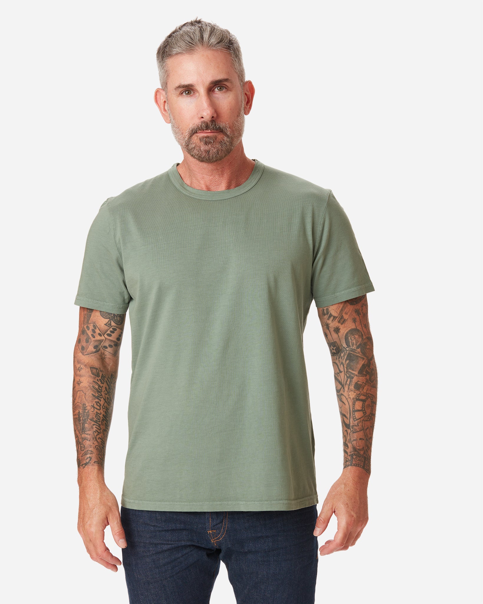 model with directly frontward gaze wearing Ace Rivington seafoam "sage" light green long staple cotton super soft supima cotton shirt