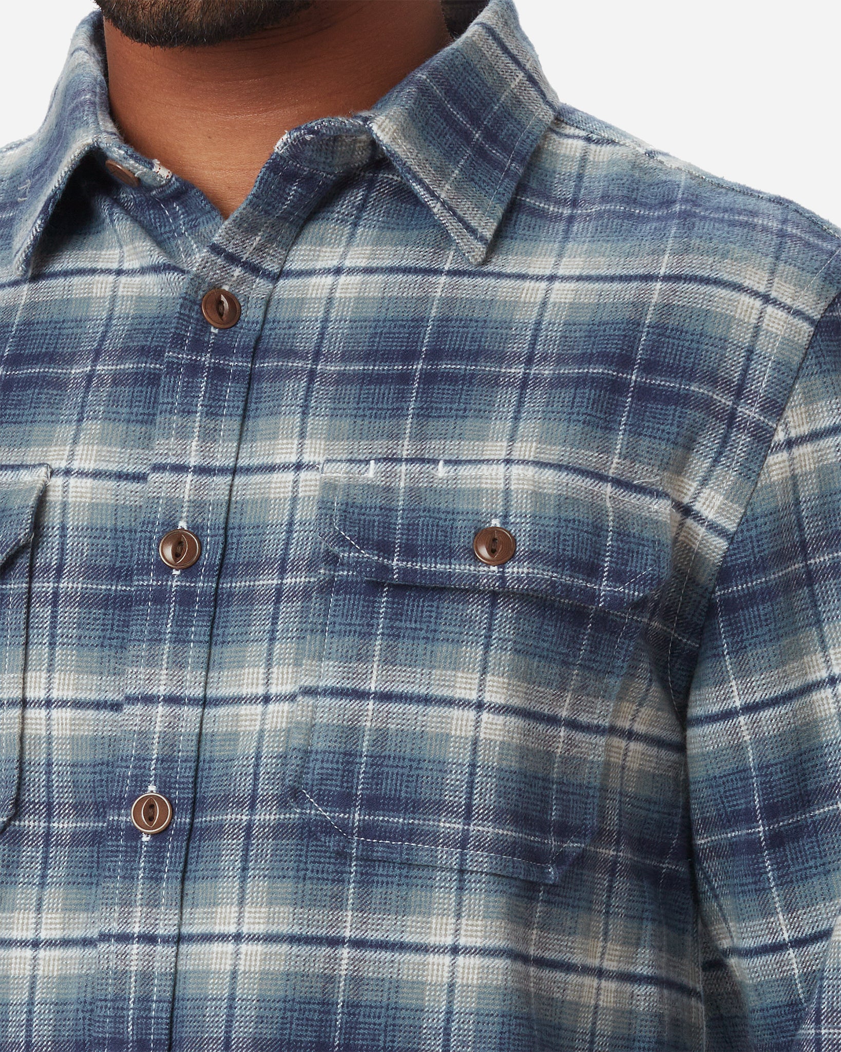 left side of neck, breast pocket, buttons, and collar on men's off white and light blue plaid pattern flannel with brown buttons and white collar stripe