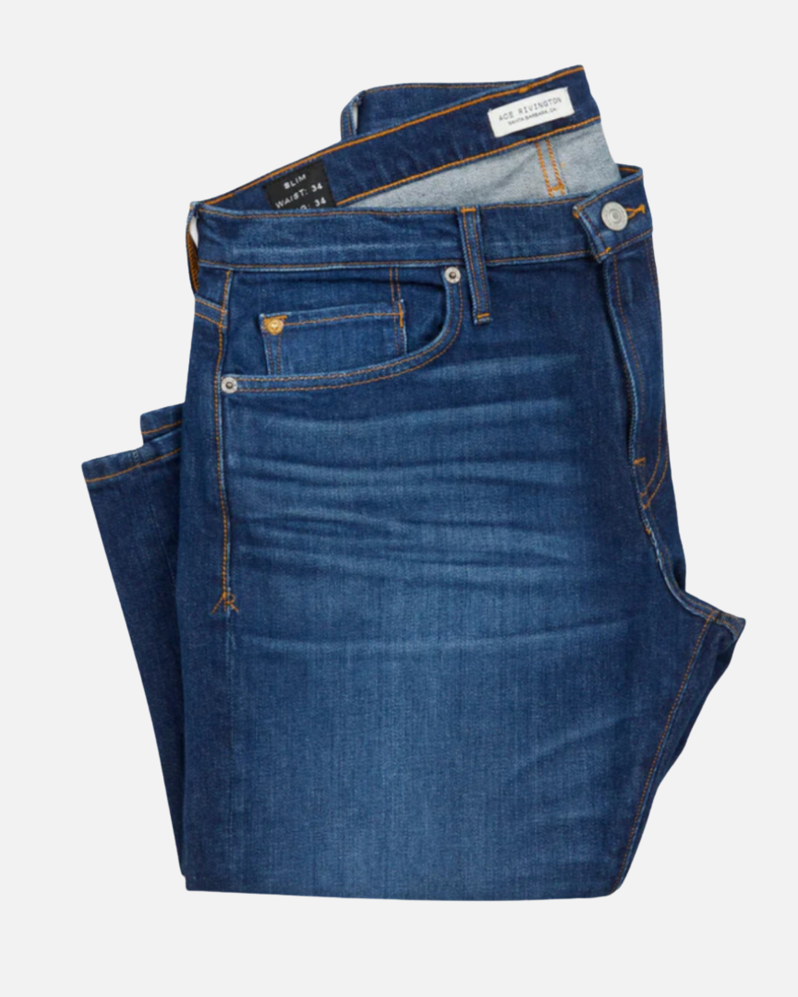 front of folded pair of high quality slim cut men's dark blue jeans with slight wear