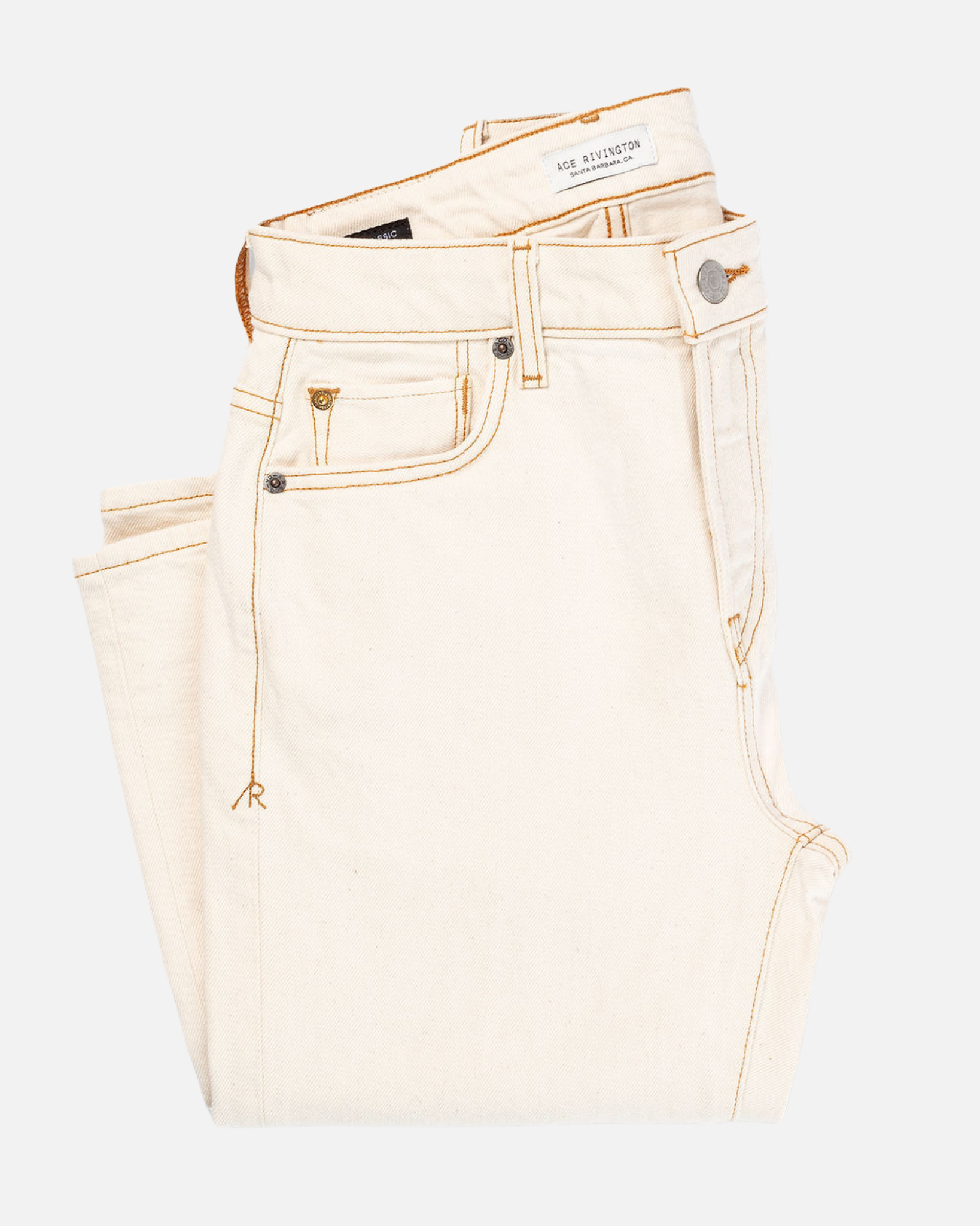 Folded pair of Ace Rivington Women's Classic Straight Comfort Denim Jeans in Ecru Rinse color, featuring a high waist, button closure, and front pockets with gold stitching details.