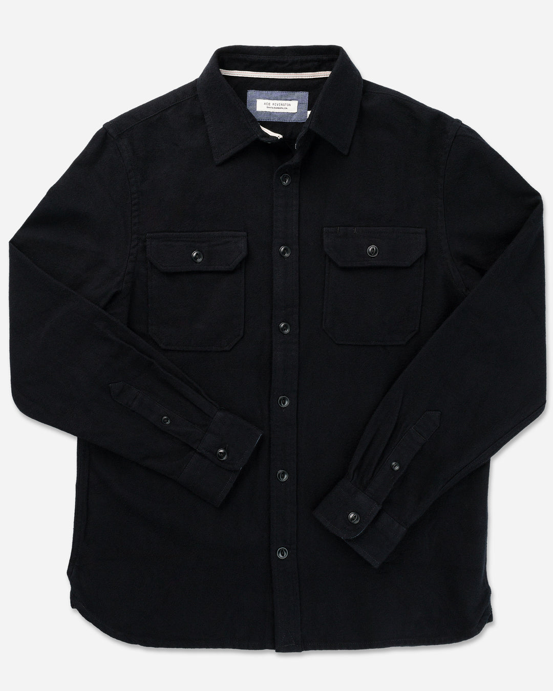 front flat lay of Ace Rivington men's black soft brushed flannel shirt with color matched buttons and breast pockets