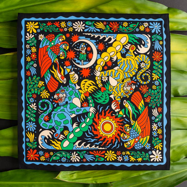 The vibrant Tropic Like It's Hot - Bandits Bandana by Ace Rivington features a black background with colorful illustrations of tigers, parrots, a crescent moon, and a sun, surrounded by tropical flowers and leaves.