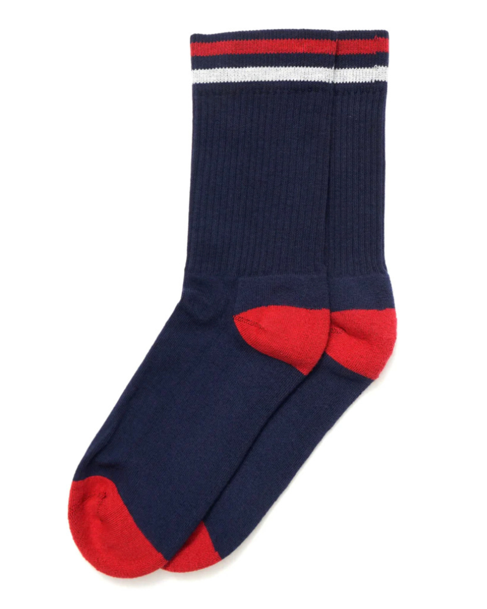 American Trench Kennedy Socks - Navy shown laid flat in a top-down view with red, white, and navy cuff stripes and contrasting red heel and toe on a white background.