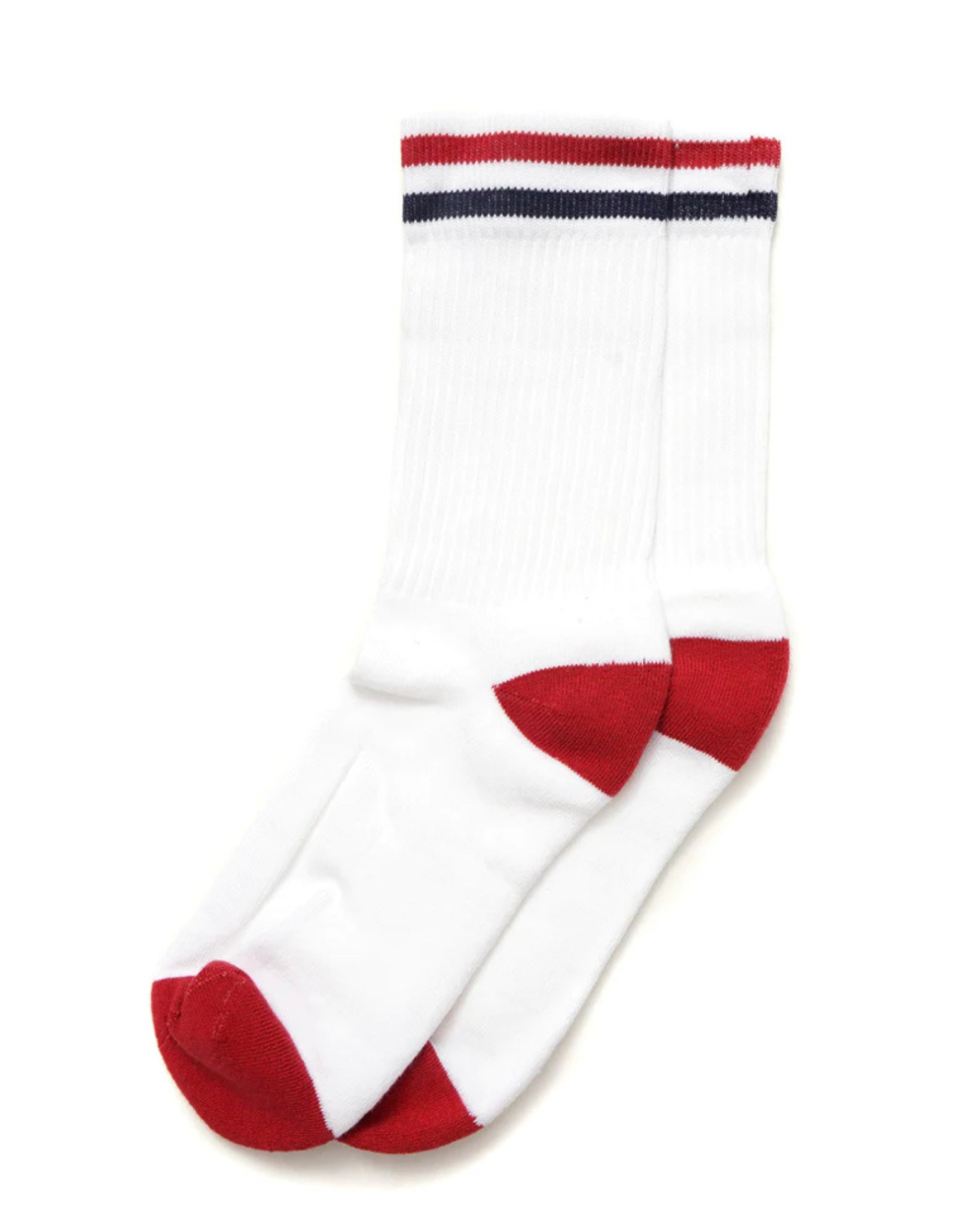 American Trench Kennedy Socks - White in top-down view with red and navy cuff stripes, red heel and toe, laid flat on a white background.