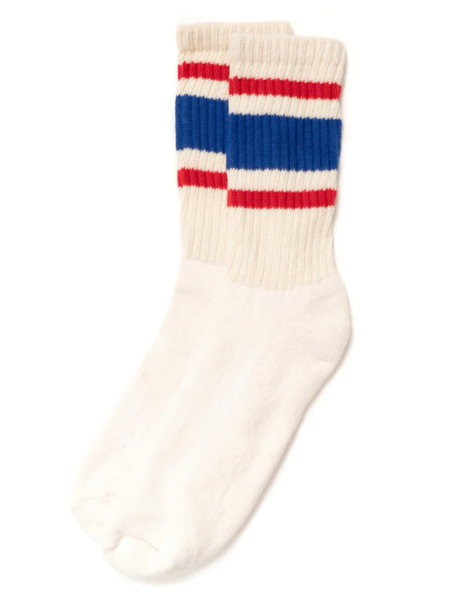 American Trench Retro Stripe Socks - Red, Blue, and White laid flat in a top-down view, showcasing bold red and blue stripes on a white background. The design evokes vintage athletic socks, offering a nostalgic and stylish touch.
