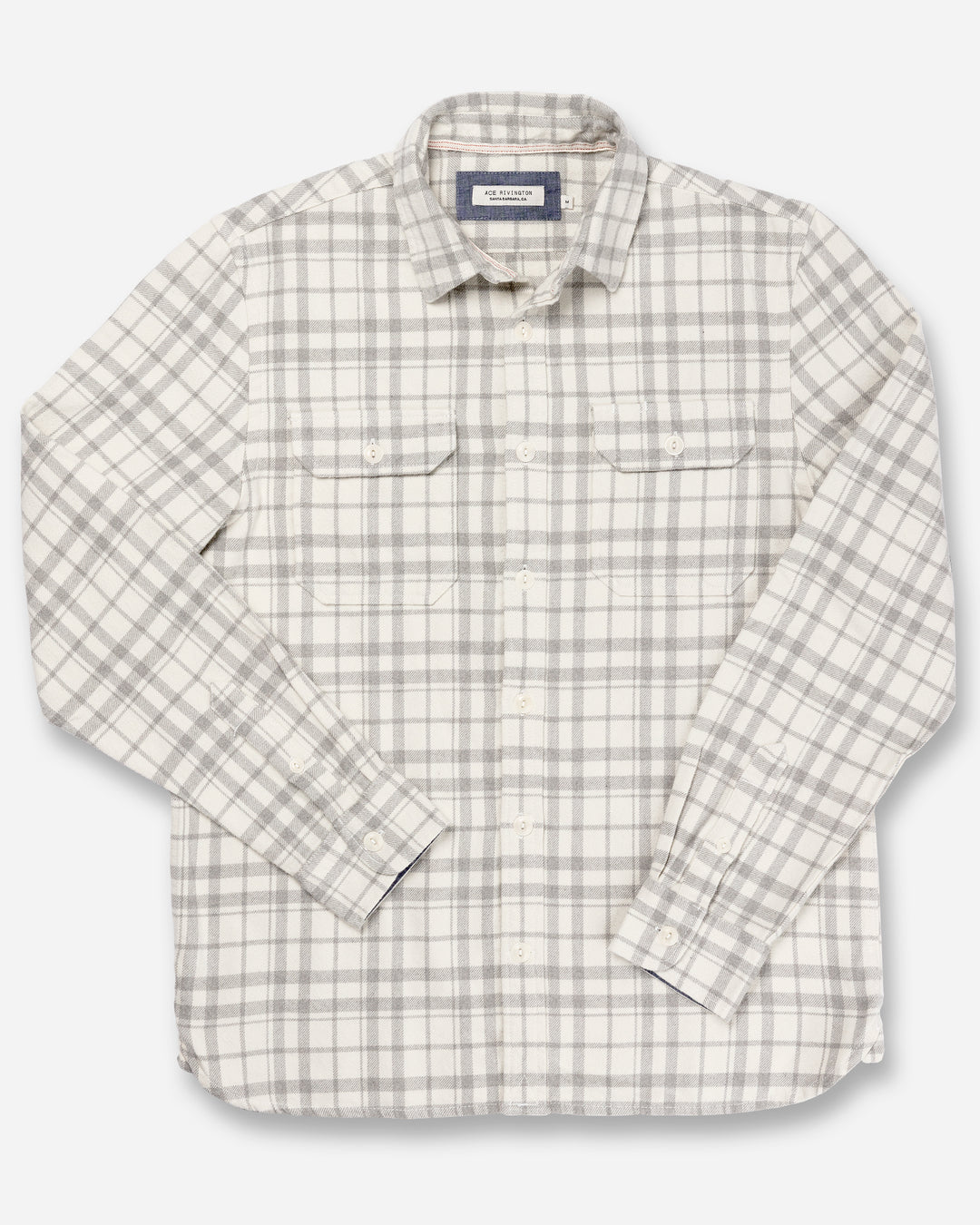 front of men's off white and grey soft bushed flannel shirt with overlaid arms