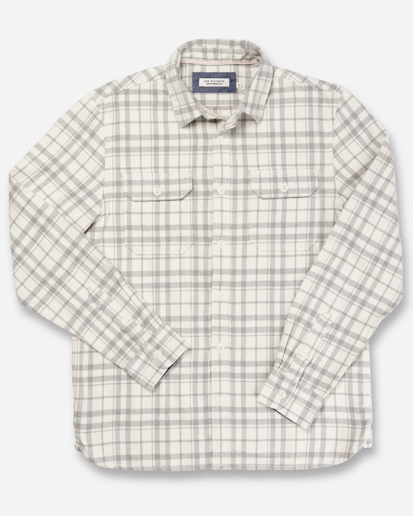 front of men's off white and grey winter flannel shirt with overlaid arms