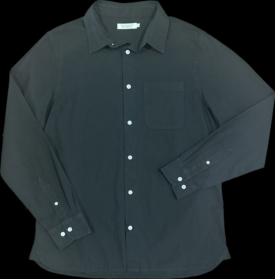 front of men's black long sleeve tailored poplin shirt with color matched buttons and a single pocket in standard height option