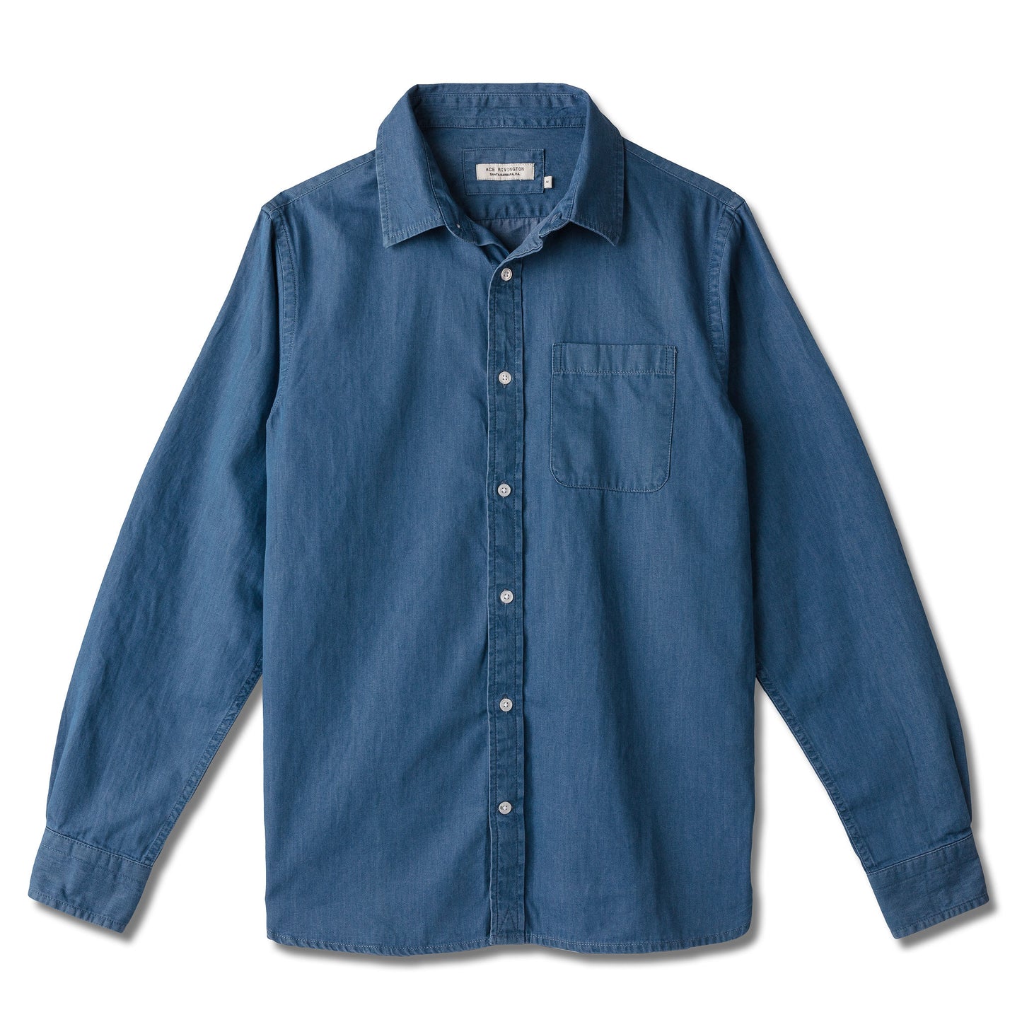 front of men's long sleeve tailored denim shirt in a medium wash with a single pocket and white buttons