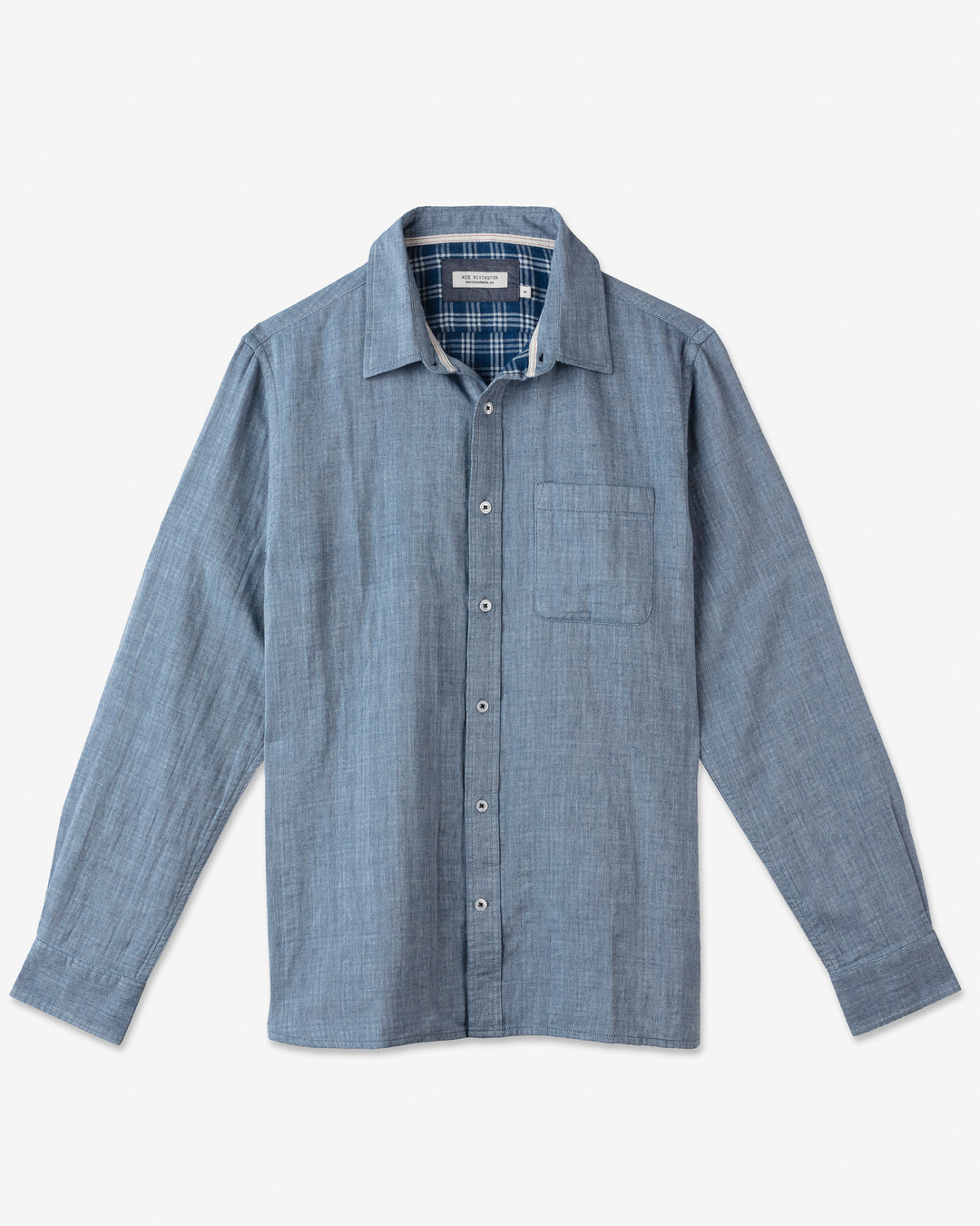 Front of full-view flat lay of Ace Rivington long-sleeved off-grey doubles-gauze soft textured cotton shirt with pearl buttons and left-breast pocket with interior pattern of off-white and a navy blue checkered grid