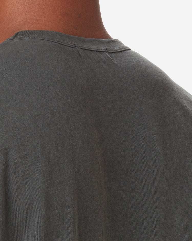 close up of the back of a model's neck wearing Ace Rivington long staple grey carbon colored super soft short-sleeved cotton shirt