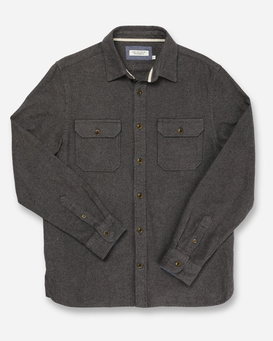front of men's light grey flannel with brown buttons in height option 1 for 5'3" to 5'9"