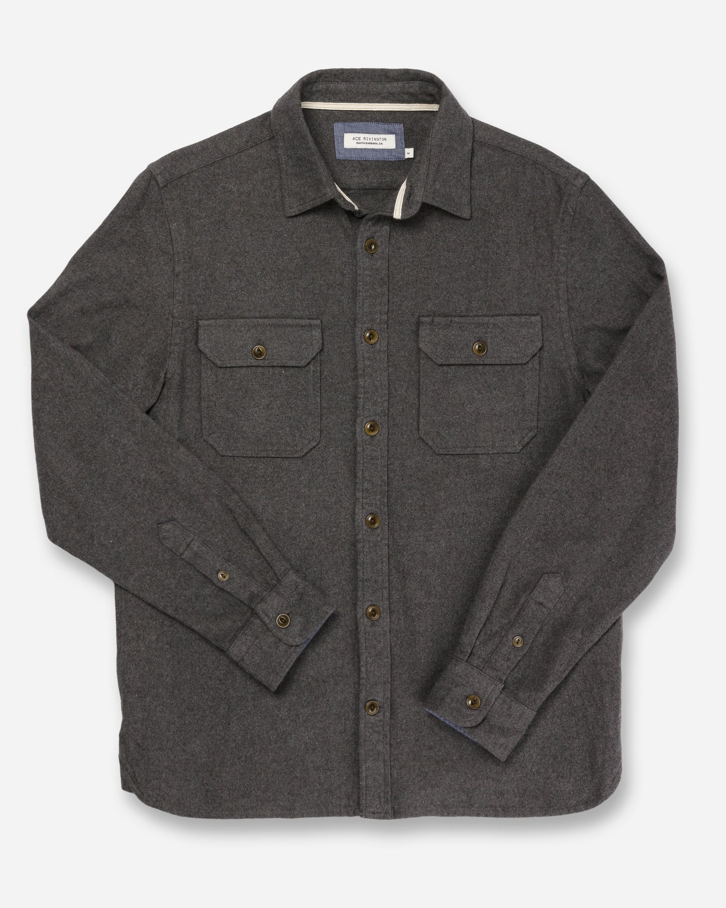 front of men's light grey flannel with brown buttons in standard height option for 5'9" to 6'2" with overlaid arms