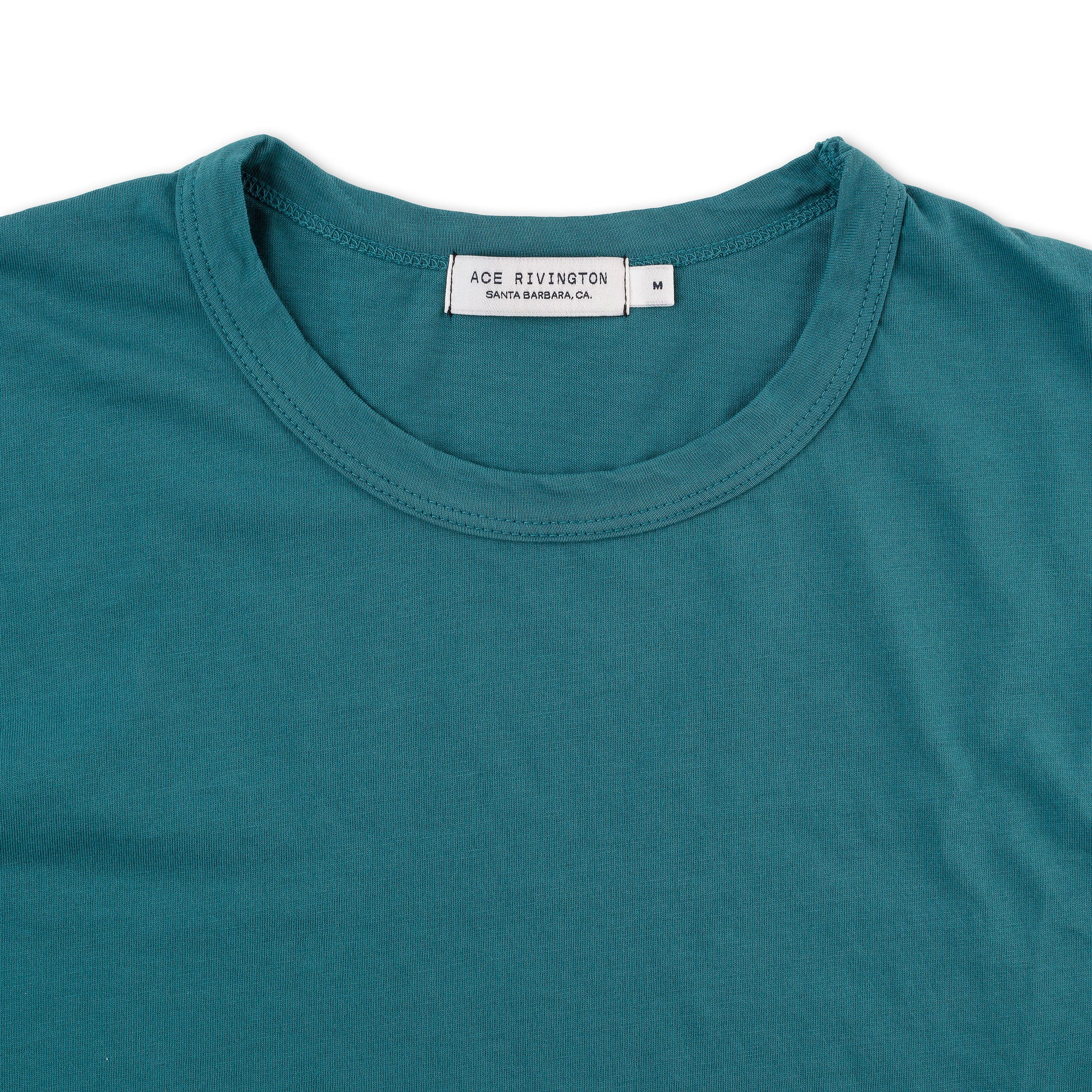 close up of collar of front of men's teal t shirt made with super soft supima cotton