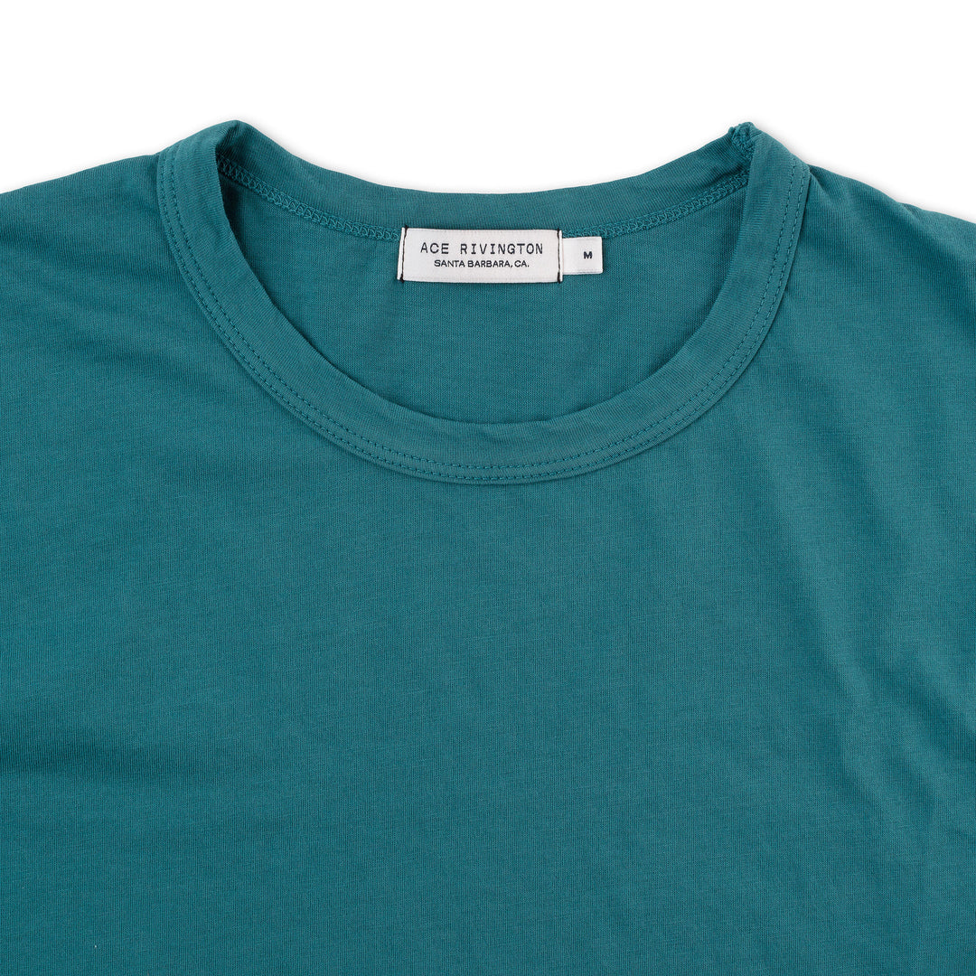 close up of collar of front of men's teal t shirt made with super soft supima cotton