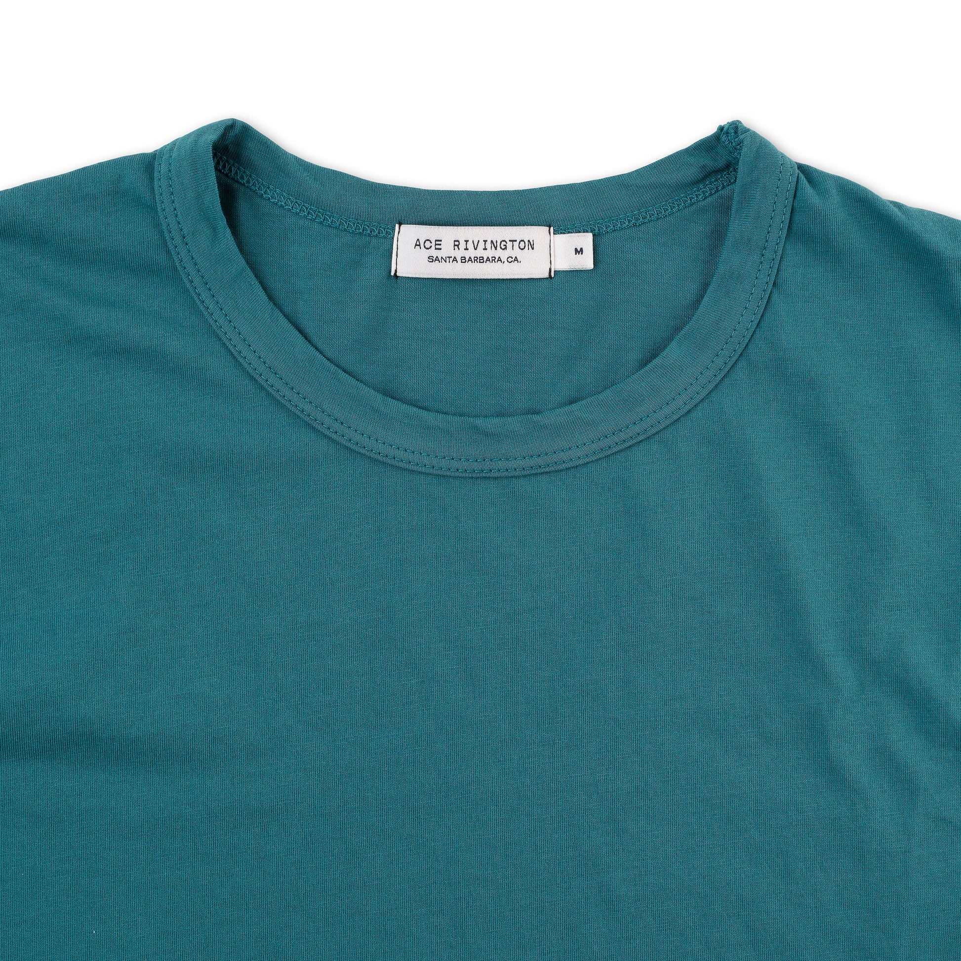 close up of collar of front of men's teal t shirt made with super soft supima cotton