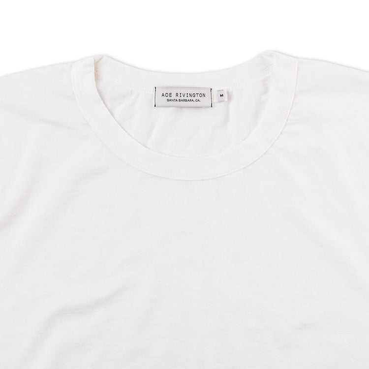 close up of collar of men's off white t shirt made with super soft supima cotton