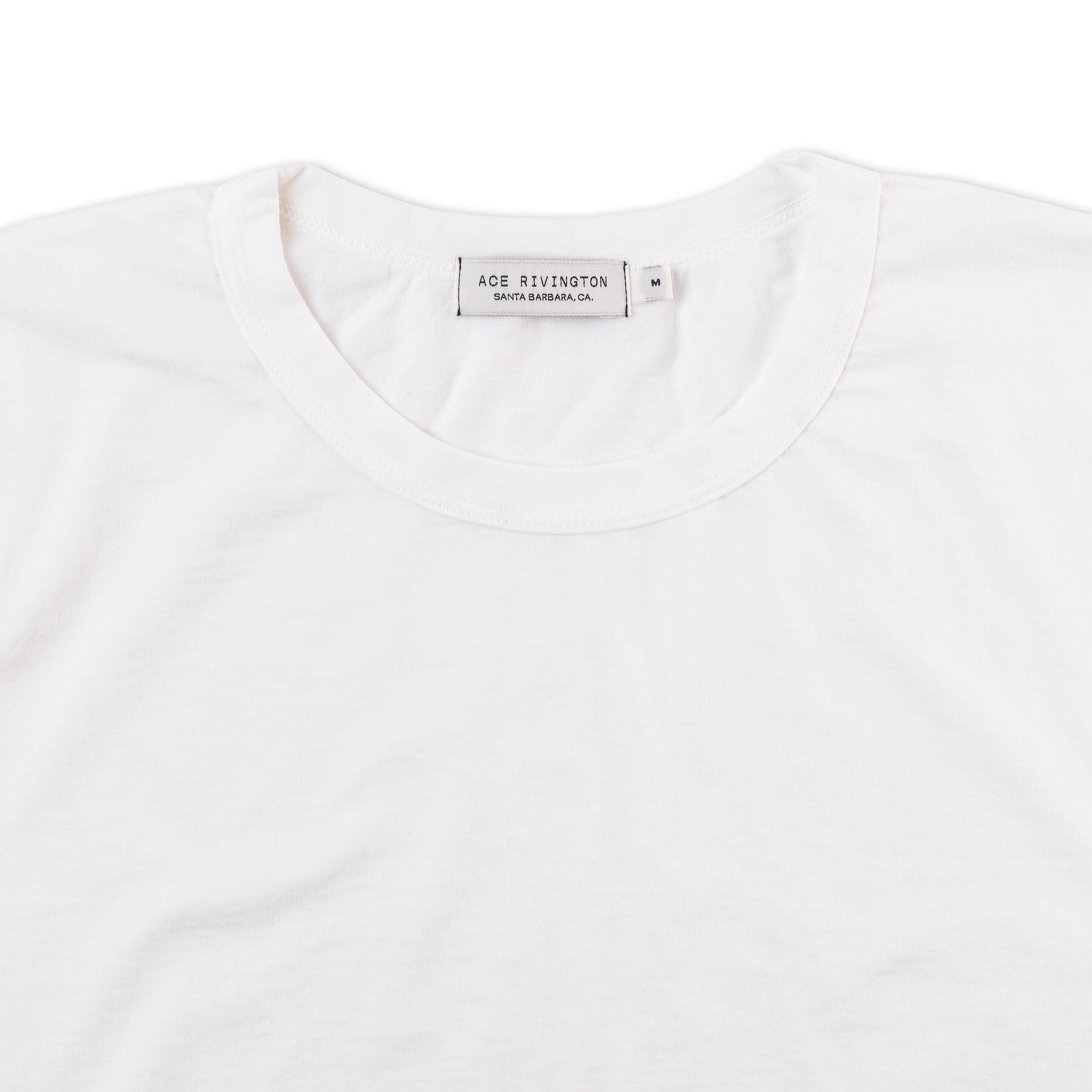 close up of collar of men's off white t shirt made with super soft supima cotton