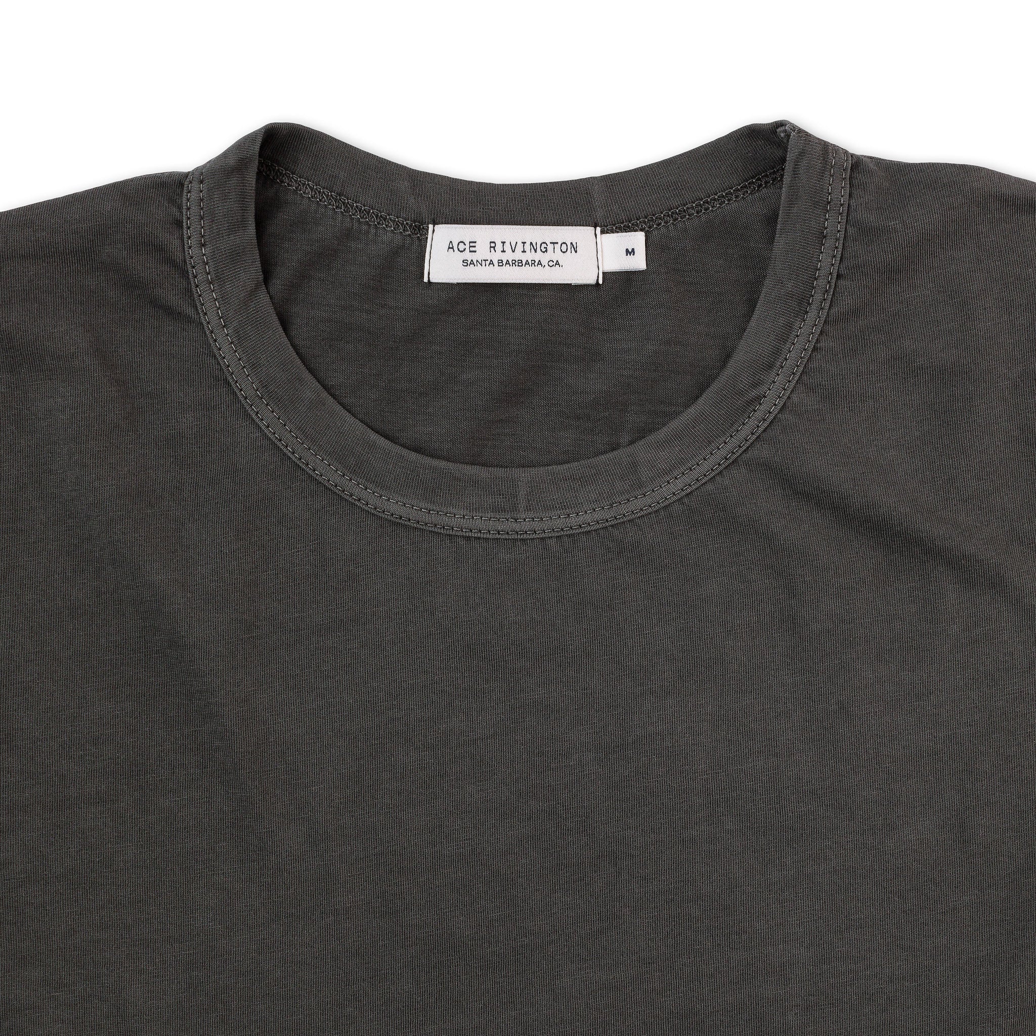 close up of collar of men's medium grey t shirt made with super soft supima cotton