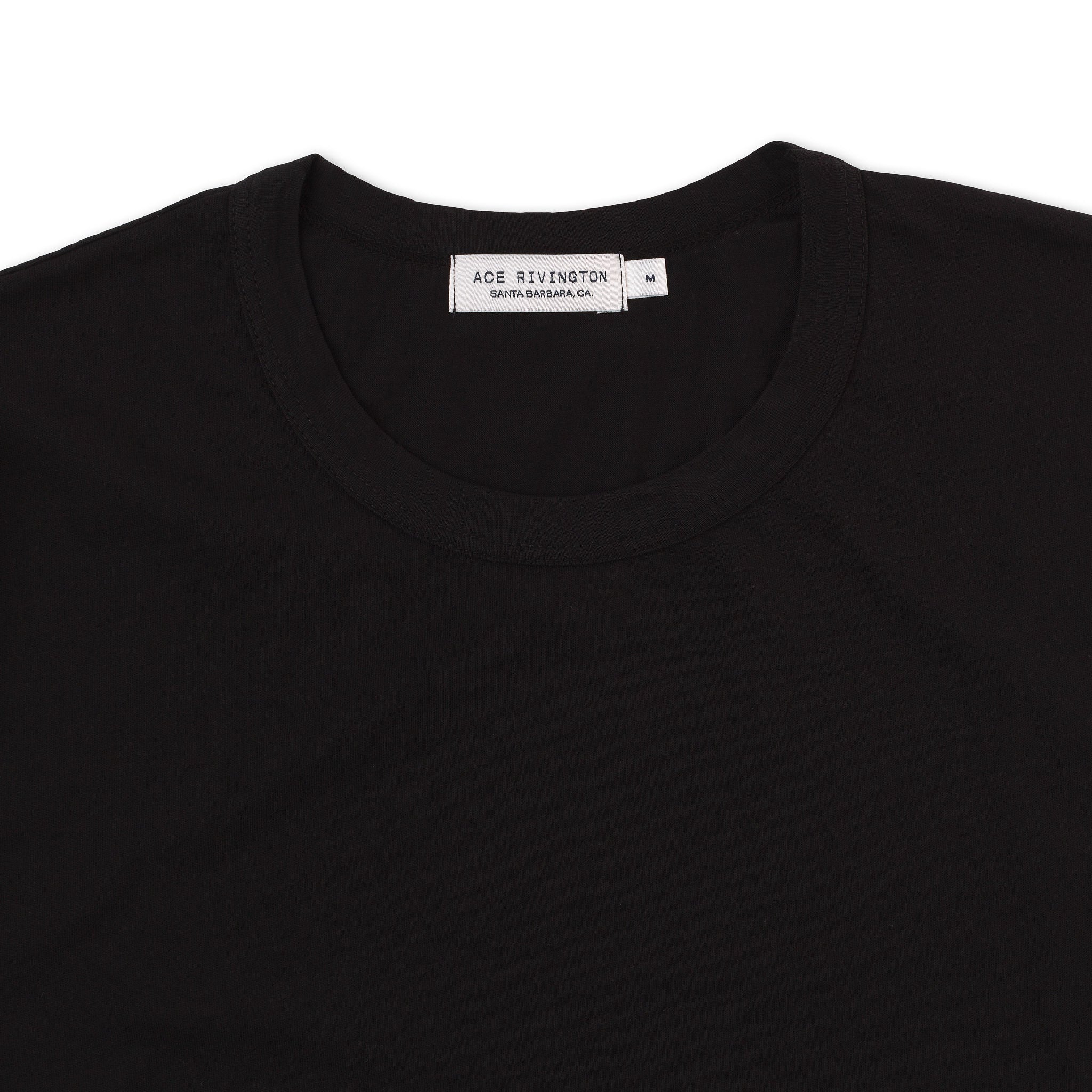 close up of collar of men's black t shirt made with super soft supima cotton
