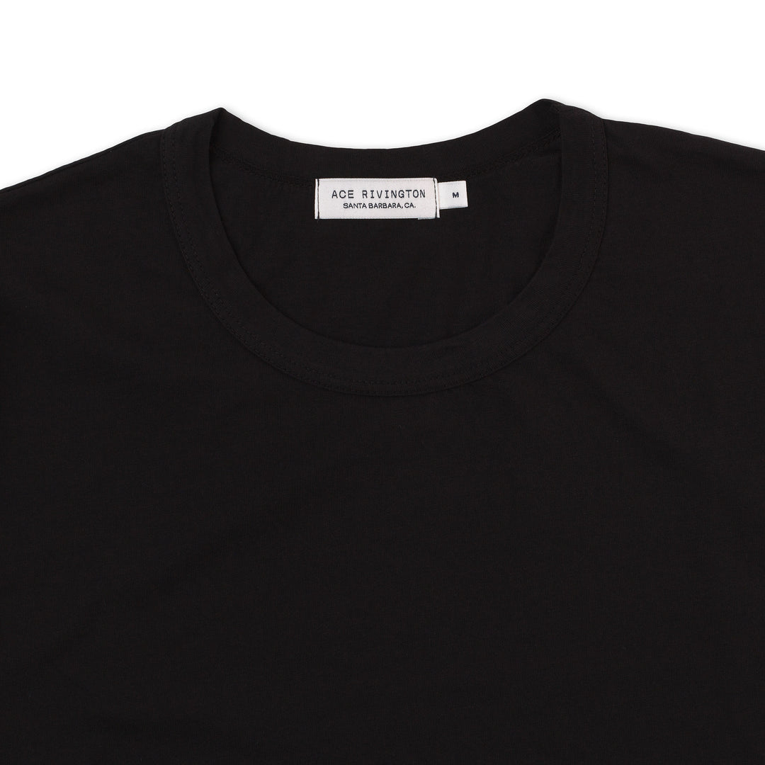 close up of collar of men's black t shirt made with super soft supima cotton