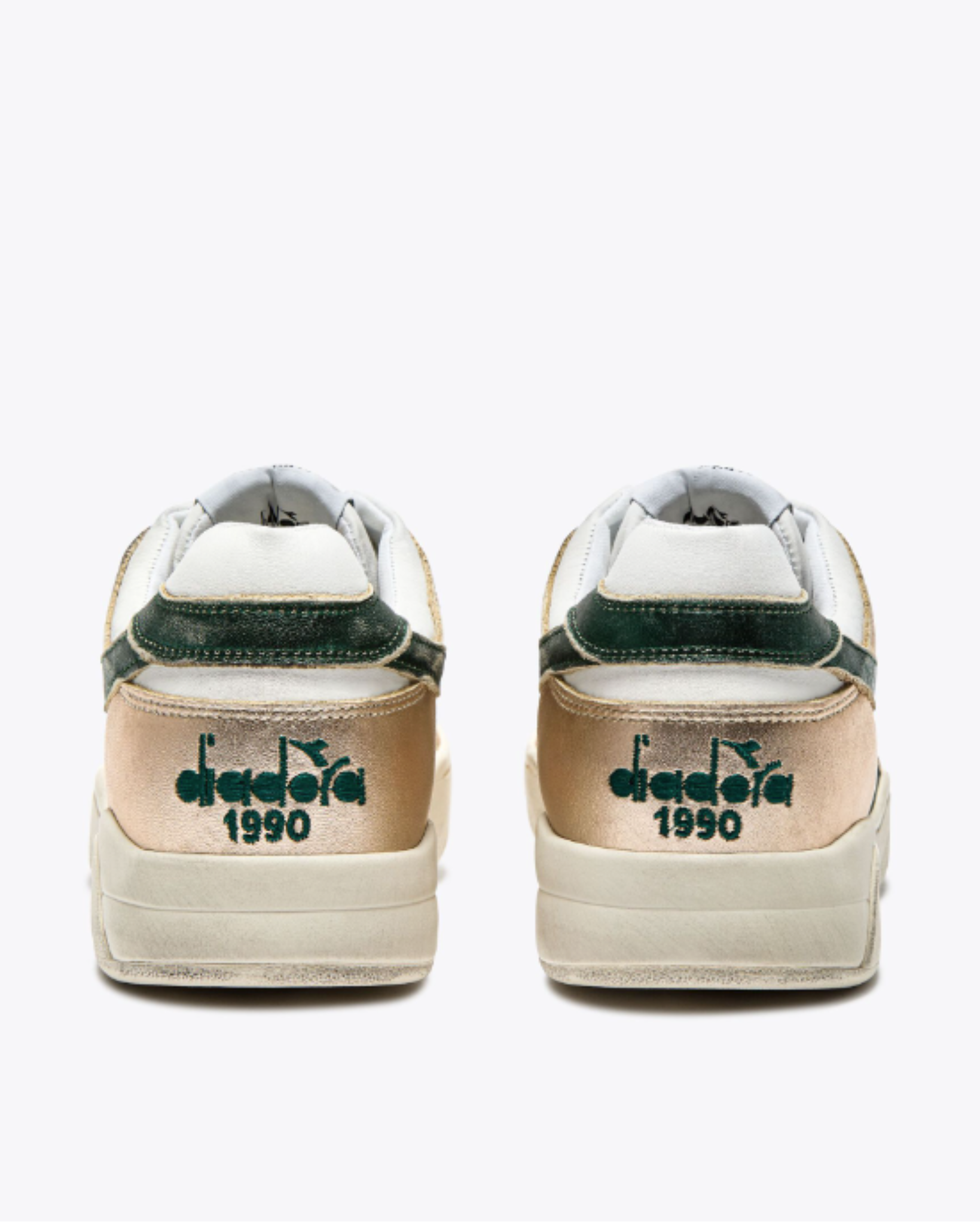 Diadora B. 560 - Metal Mix WN shoe rear view featuring metallic heels, green embroidered logos, and padded collars.