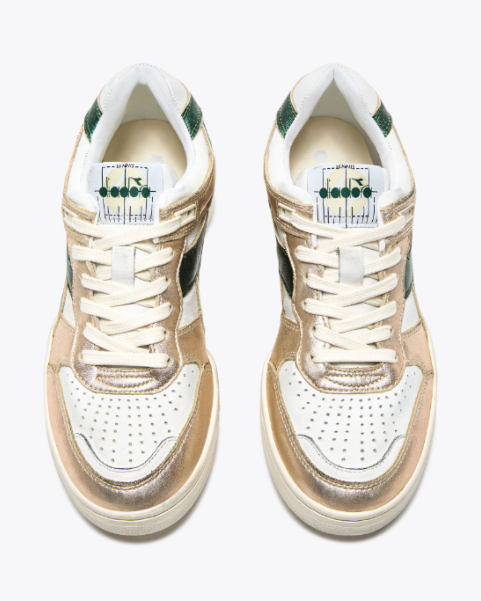 Diadora B. 560 - Metal Mix WN shoe viewed from above, showcasing symmetric gold paneling, lace placement, and branded tongues.