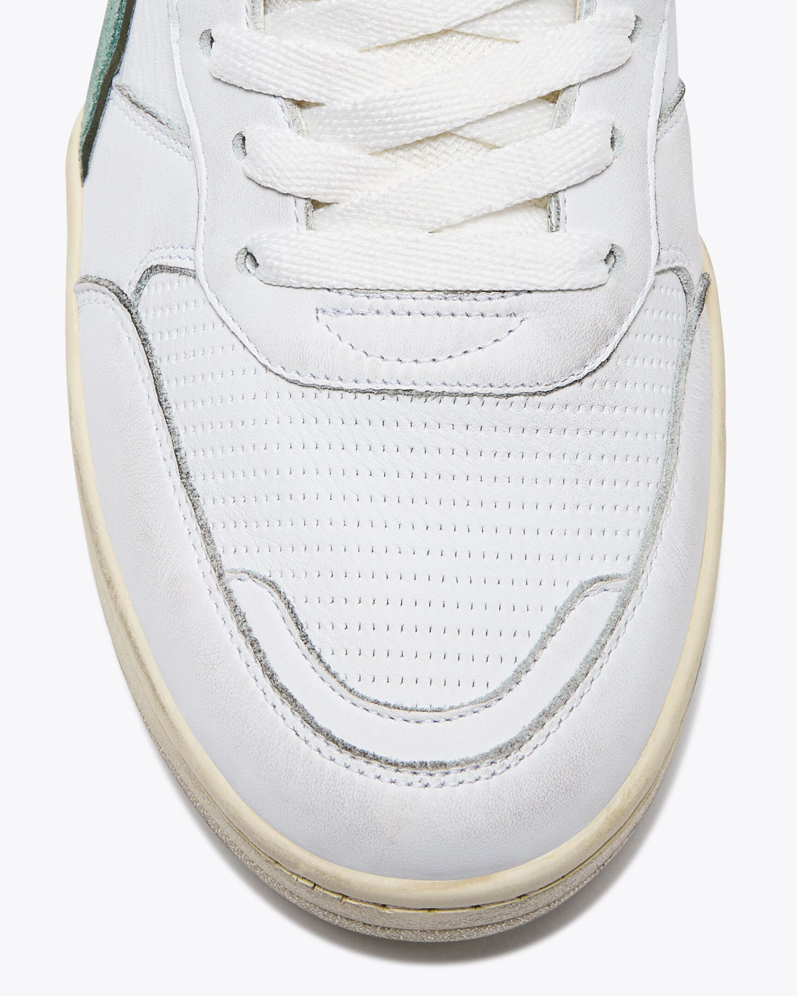 Diadora B. 560 USED - Iceberg Green shoe close-up of toe box showing mesh texture and premium stitched leather detailing.