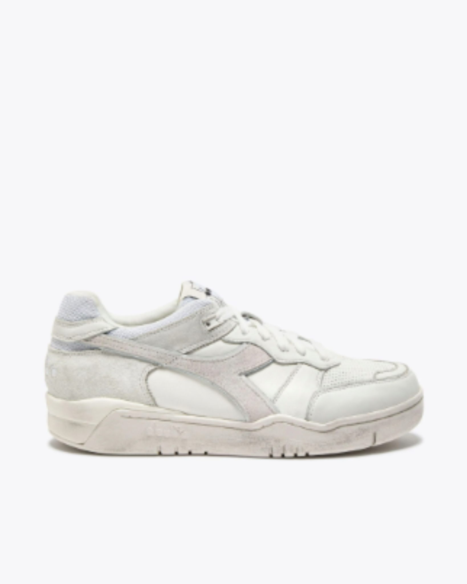 Diadora B. 560 USED - White shoe right side profile view showing vintage suede logo and distressed midsole detailing.
