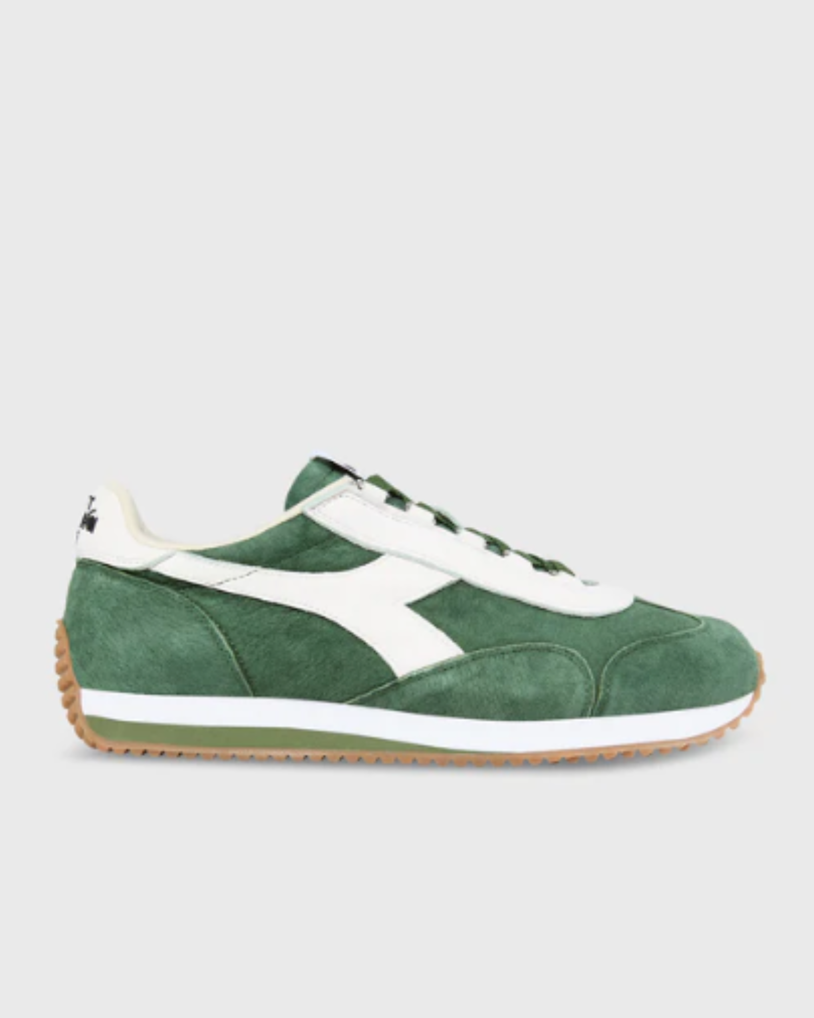 Diadora - Equipe '75 SW - Yellow Freesia shoe shown in full side profile featuring green suede upper, white leather Diadora logo, and gum rubber sole with white and olive midsole detailing.