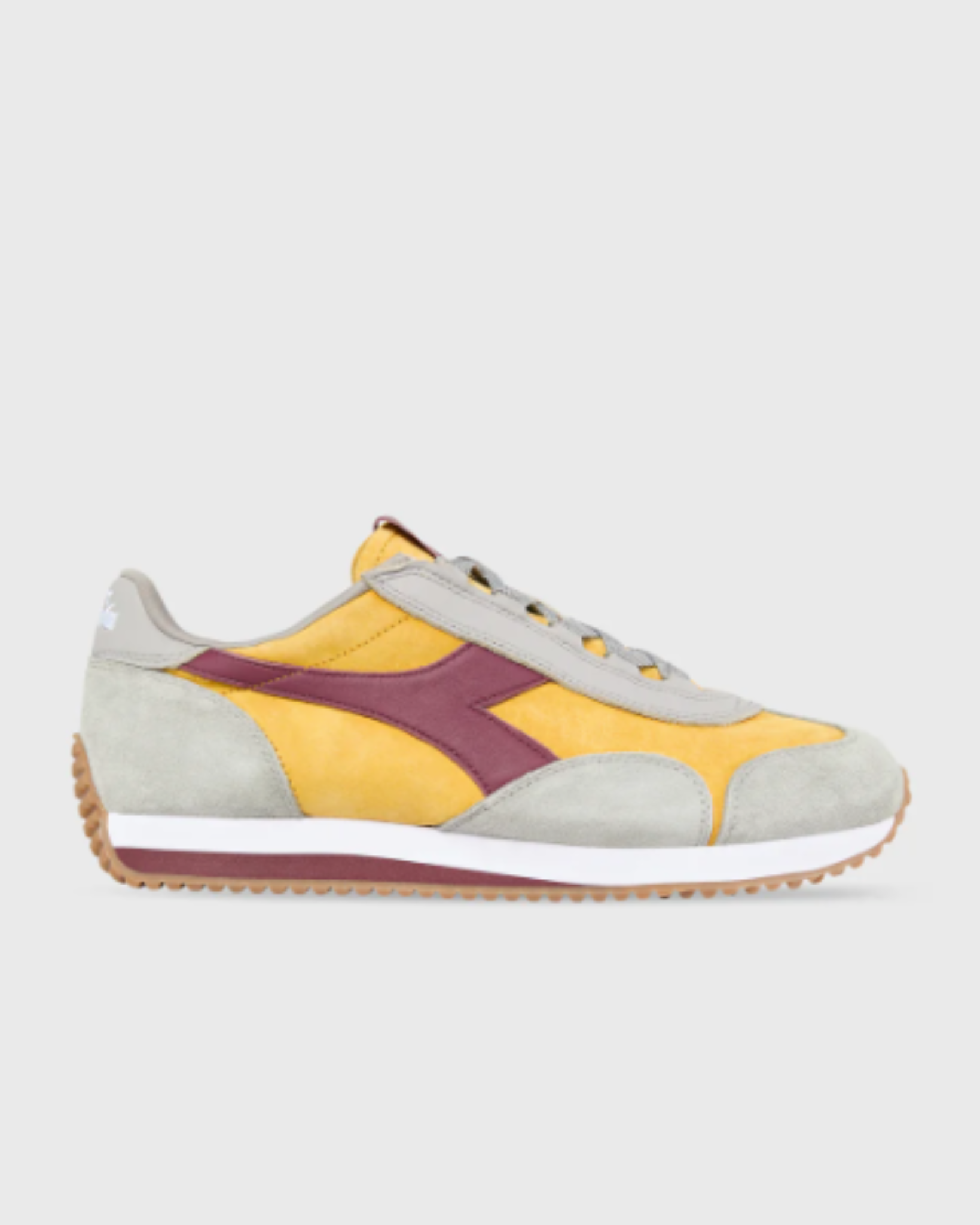 Diadora - Equipe '75 SW - Yellow Freesia shoe in full side profile highlighting yellow freesia suede panels, maroon Diadora logo, and grey suede overlays with gum outsole.