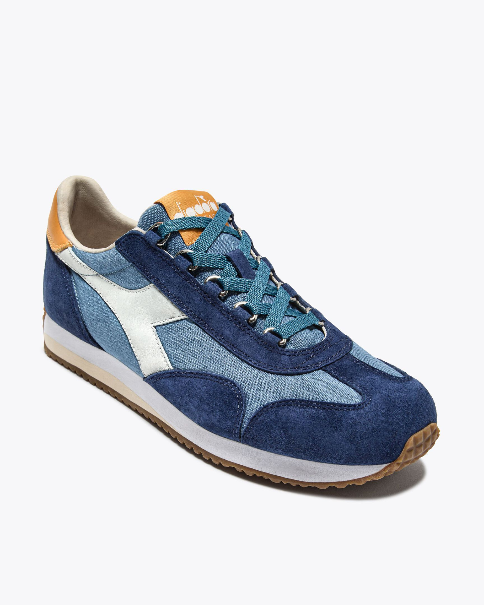 Diadora - Equipe Canvas SW EVO - Blue Coop shoe inner-side front angle view emphasizing material contrast and curved panel design.